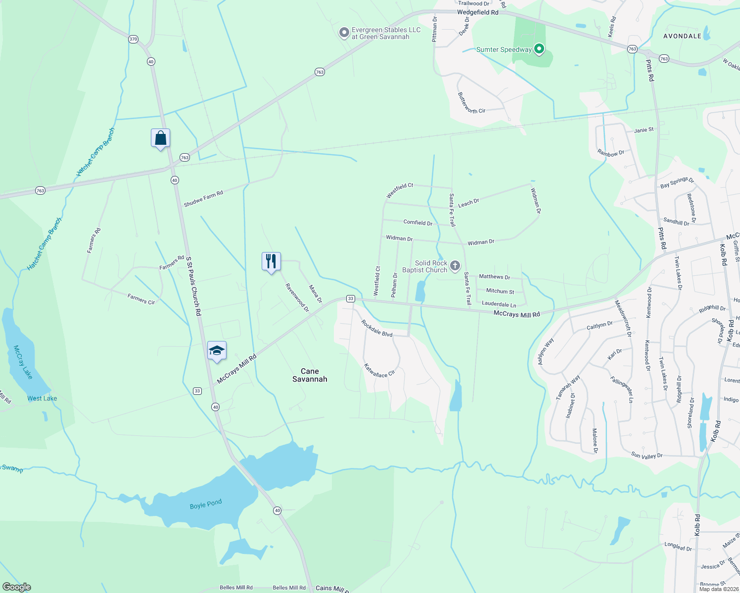 map of restaurants, bars, coffee shops, grocery stores, and more near 994 Westfield Ct in Sumter