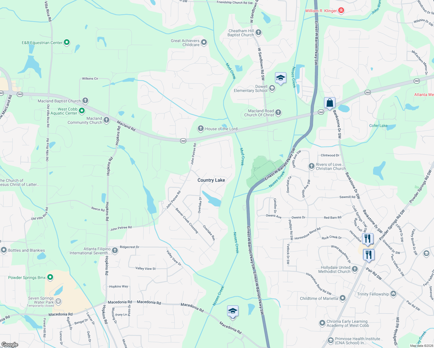 map of restaurants, bars, coffee shops, grocery stores, and more near 2526 Country Lake Circle in Powder Springs