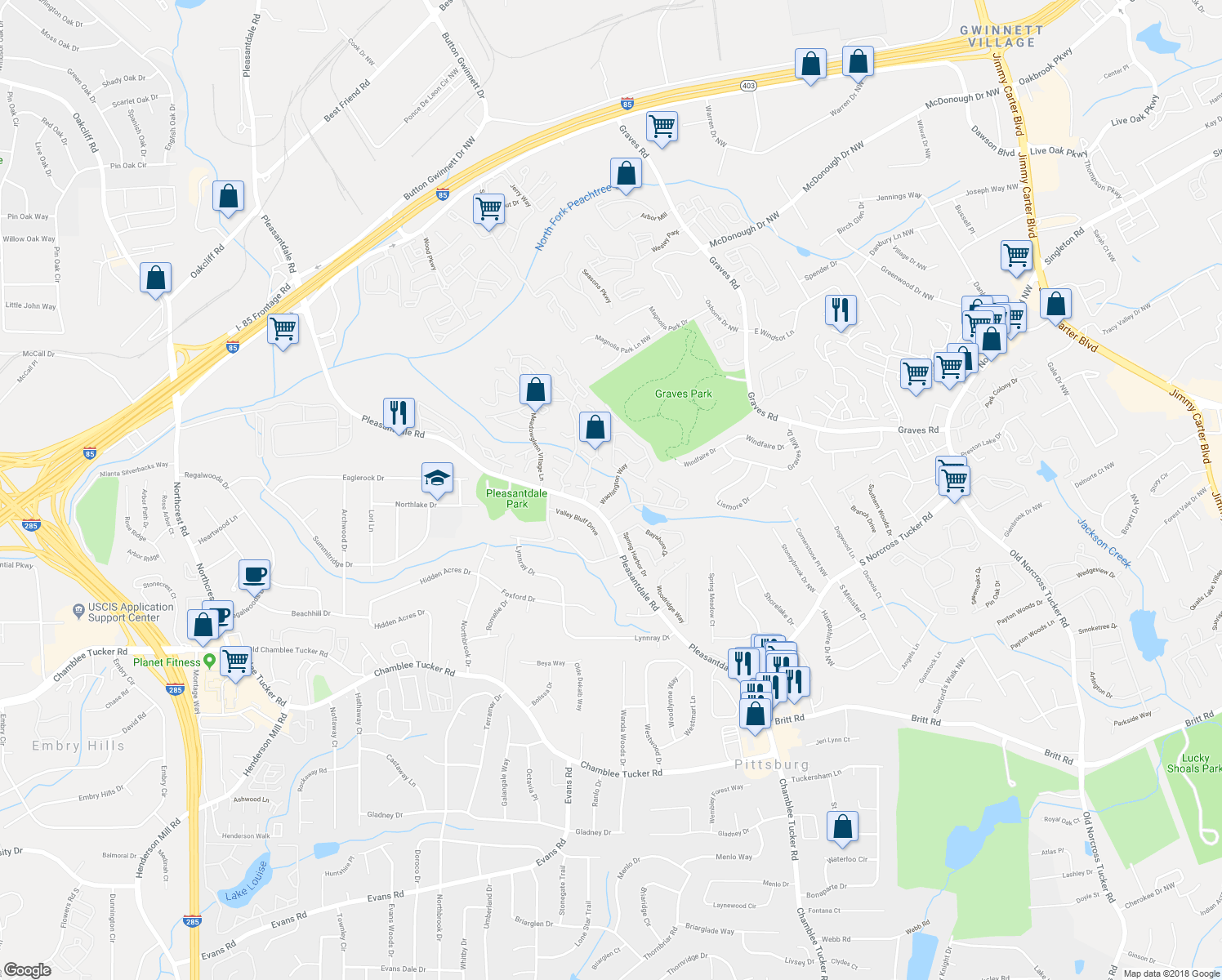 map of restaurants, bars, coffee shops, grocery stores, and more near 3468 Washington Way in Atlanta