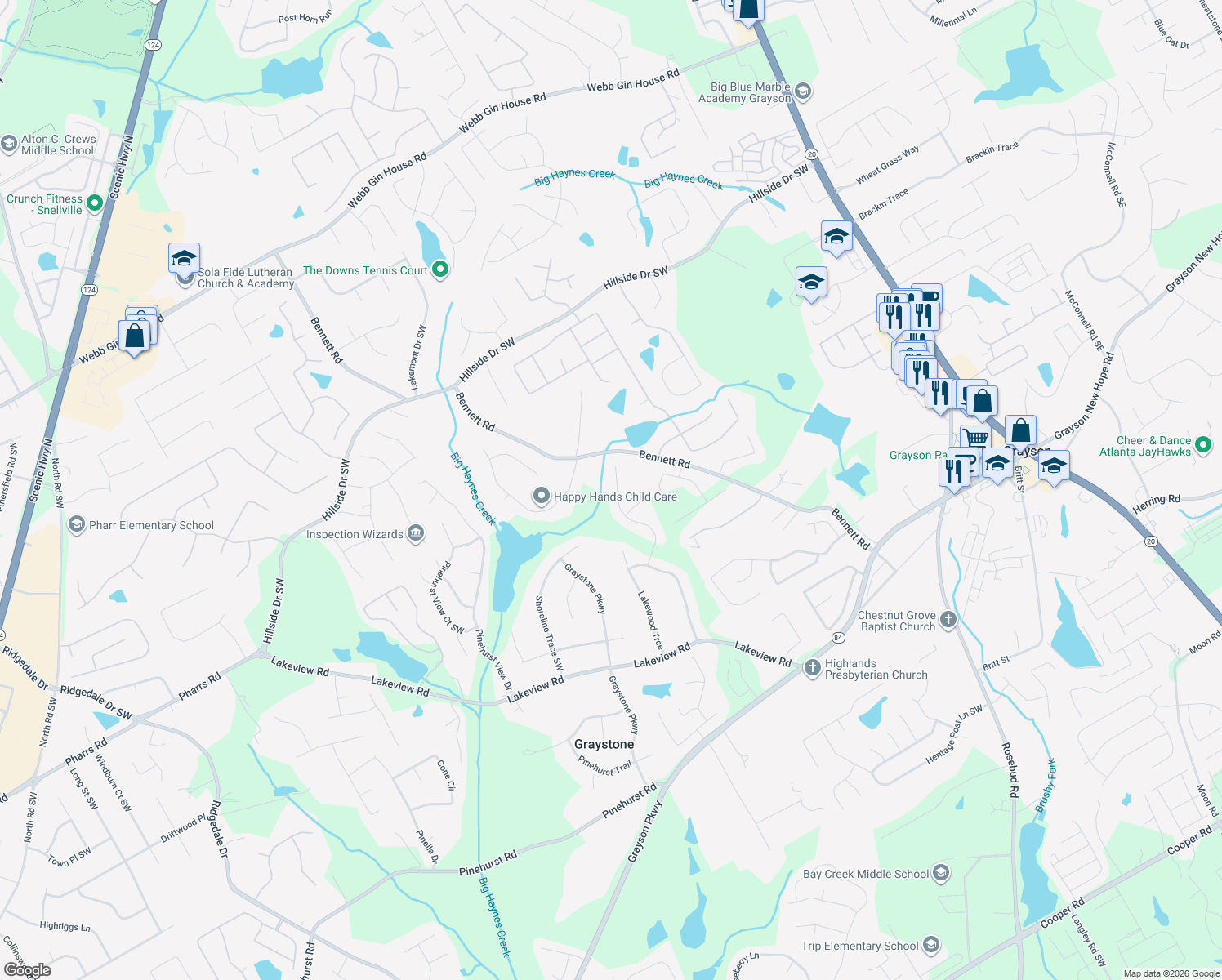 map of restaurants, bars, coffee shops, grocery stores, and more near 1763 Waterton Trail in Grayson