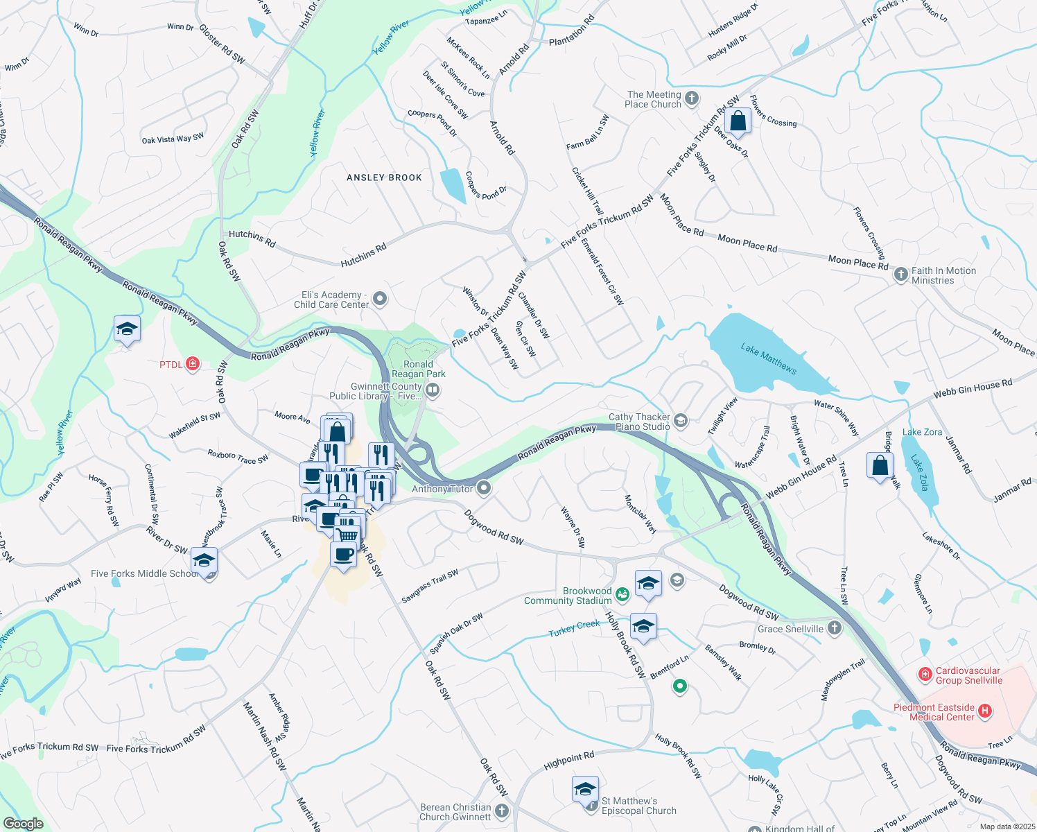map of restaurants, bars, coffee shops, grocery stores, and more near 2663 Marcia Drive Southwest in Lawrenceville
