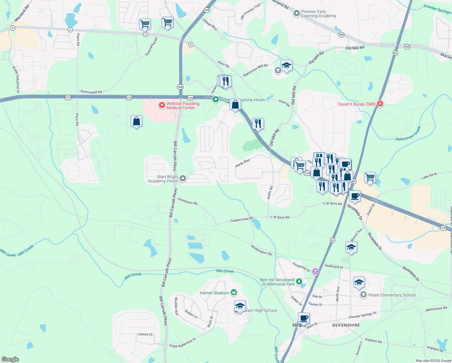 map of restaurants, bars, coffee shops, grocery stores, and more near 334 Rosemont Ct in Hiram