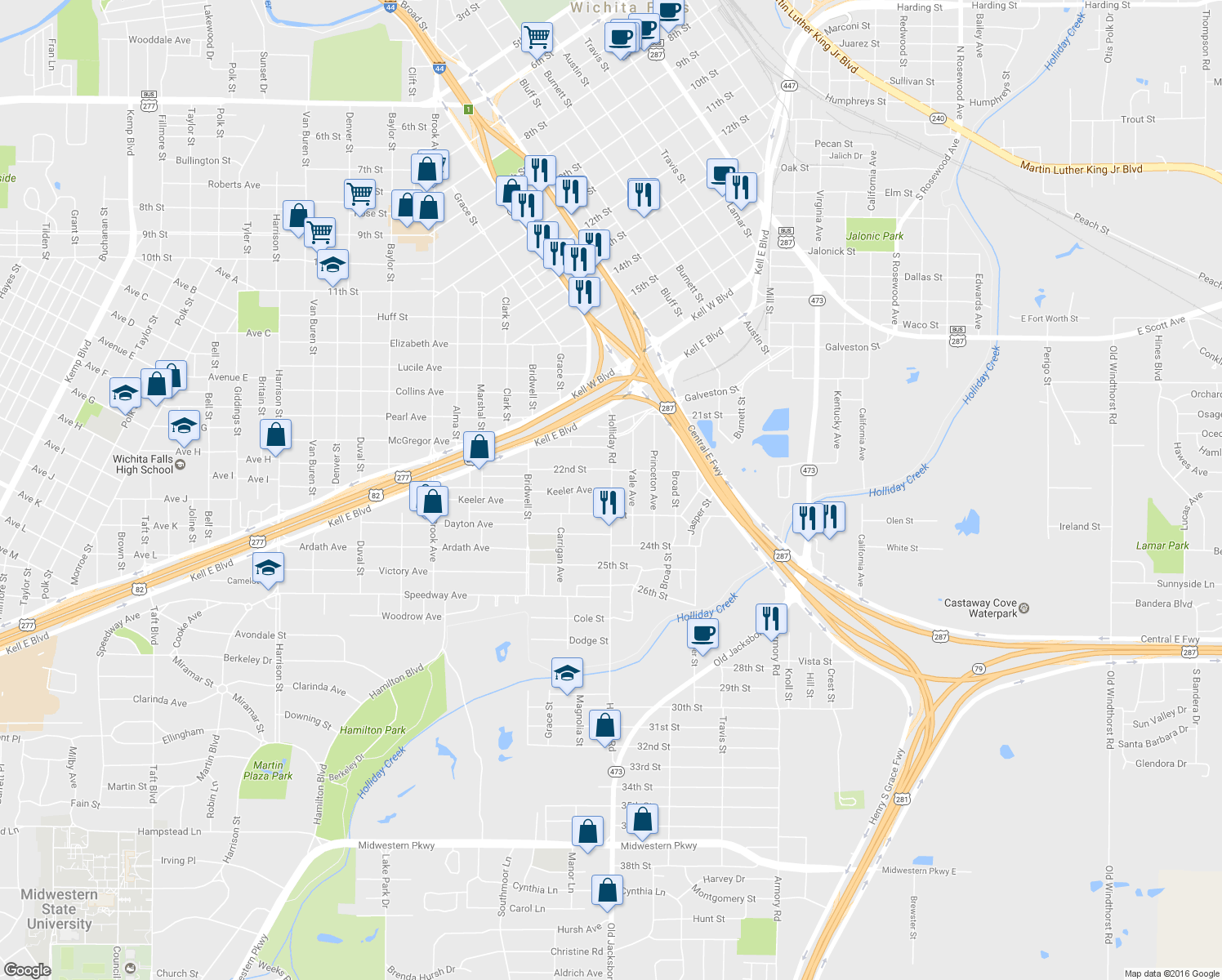map of restaurants, bars, coffee shops, grocery stores, and more near 2212 Holliday Road in Wichita Falls
