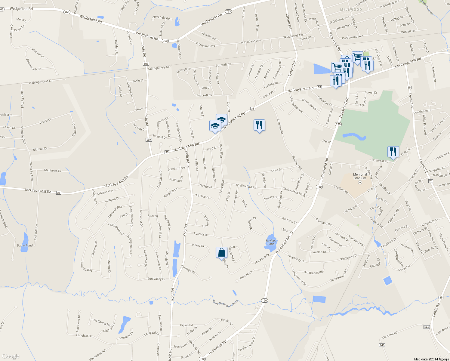 map of restaurants, bars, coffee shops, grocery stores, and more near 2641 Shallowford Rd in Sumter