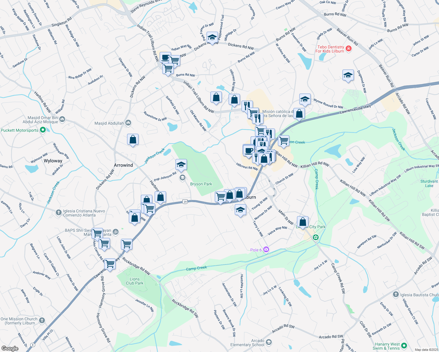 map of restaurants, bars, coffee shops, grocery stores, and more near 420 Berckman Drive Northwest in Lilburn