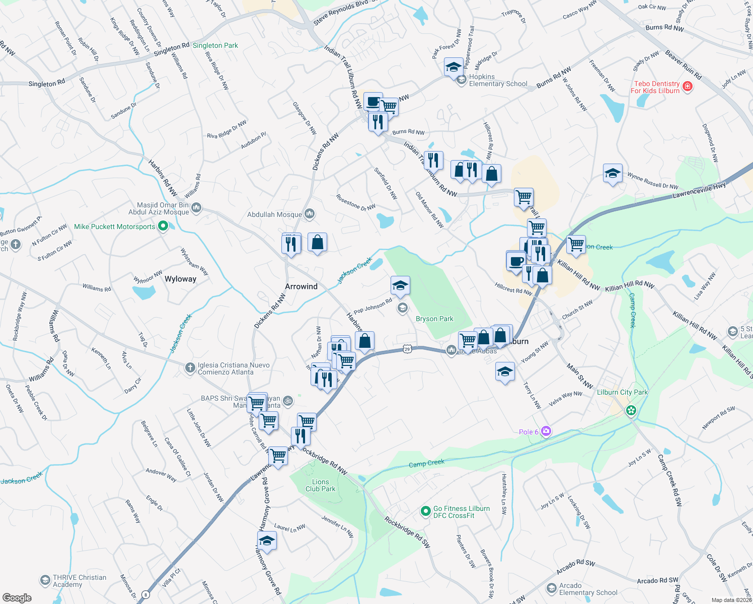 map of restaurants, bars, coffee shops, grocery stores, and more near 5240 Sterling Trace Court Northwest in Lilburn