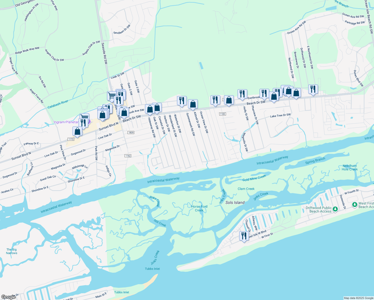 map of restaurants, bars, coffee shops, grocery stores, and more near 1981 Waterloo Street Southwest in Ocean Isle Beach