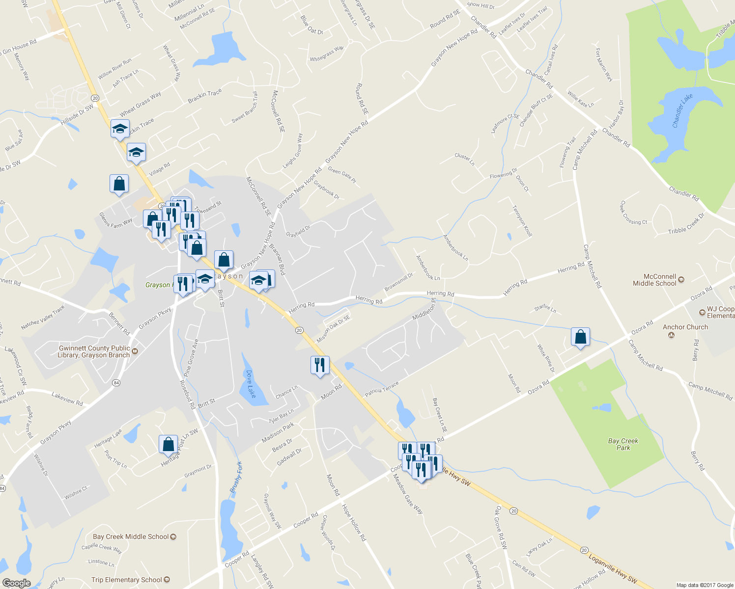 map of restaurants, bars, coffee shops, grocery stores, and more near 168 Herring Road in Grayson