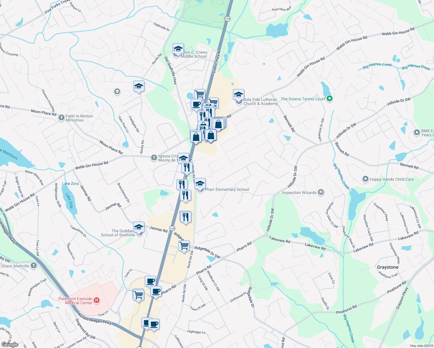 map of restaurants, bars, coffee shops, grocery stores, and more near 1550 Willow Creek Court in Snellville