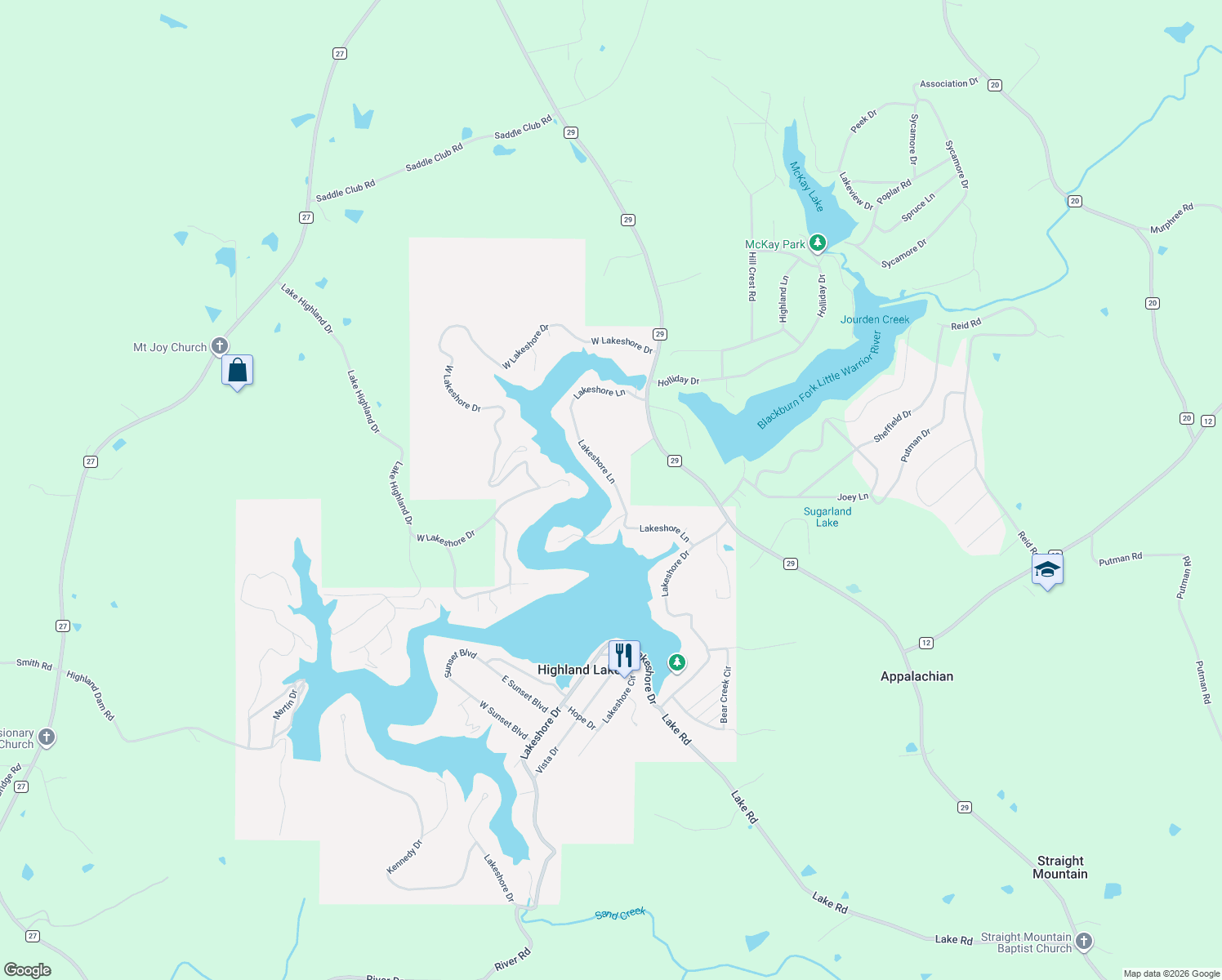map of restaurants, bars, coffee shops, grocery stores, and more near 626 Lakeshore Lane in Highland Lake