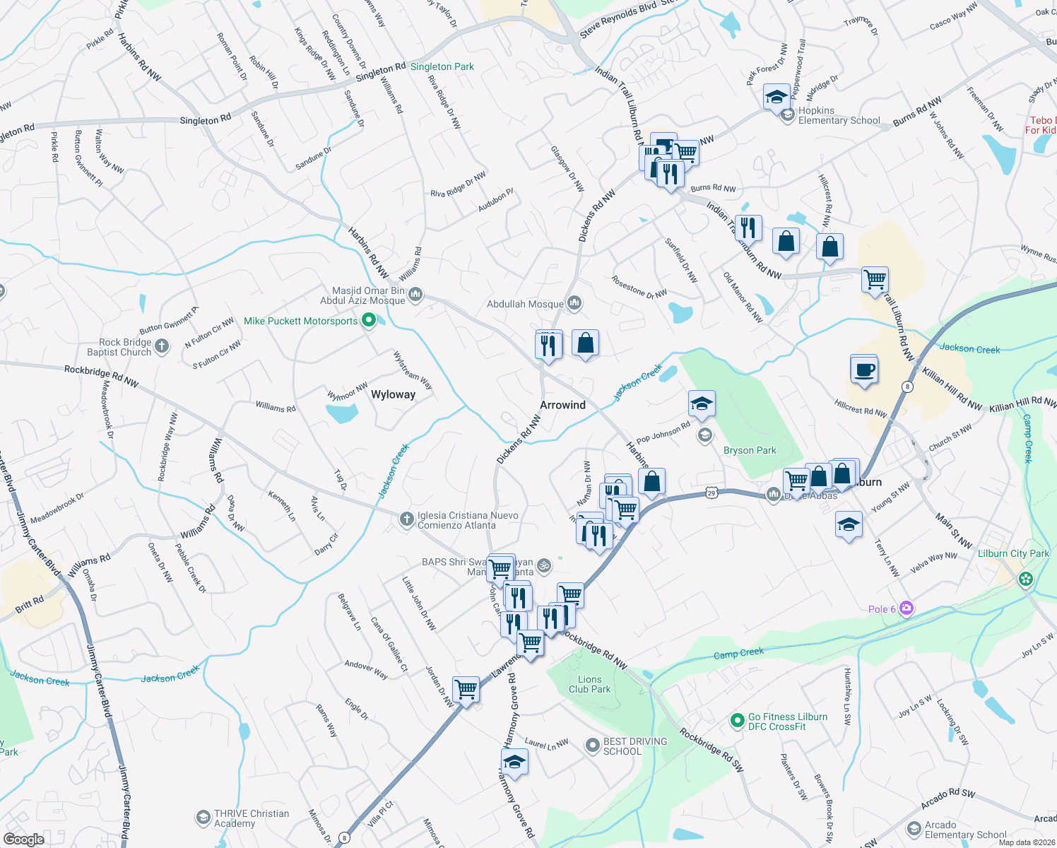 map of restaurants, bars, coffee shops, grocery stores, and more near 5450 Arrowind Road Northwest in Lilburn