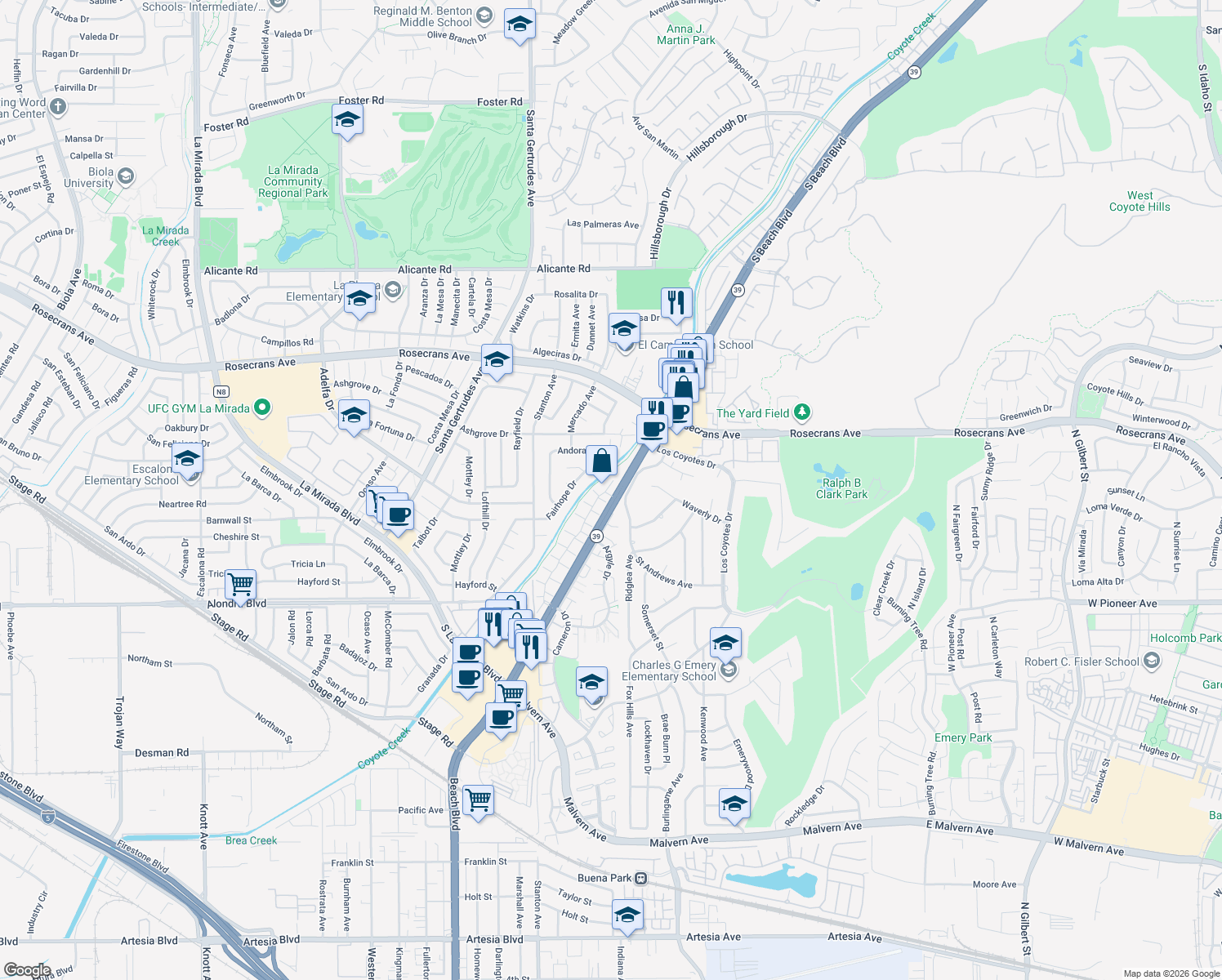 map of restaurants, bars, coffee shops, grocery stores, and more near 4635 Beach Boulevard in Buena Park