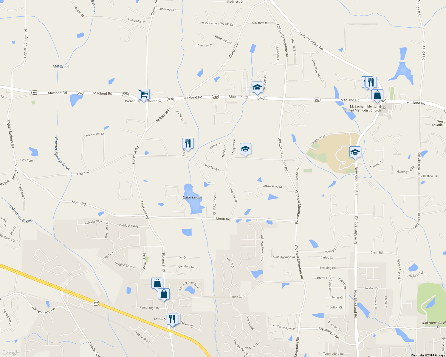 map of restaurants, bars, coffee shops, grocery stores, and more near 2532 Greenes Lane in Powder Springs