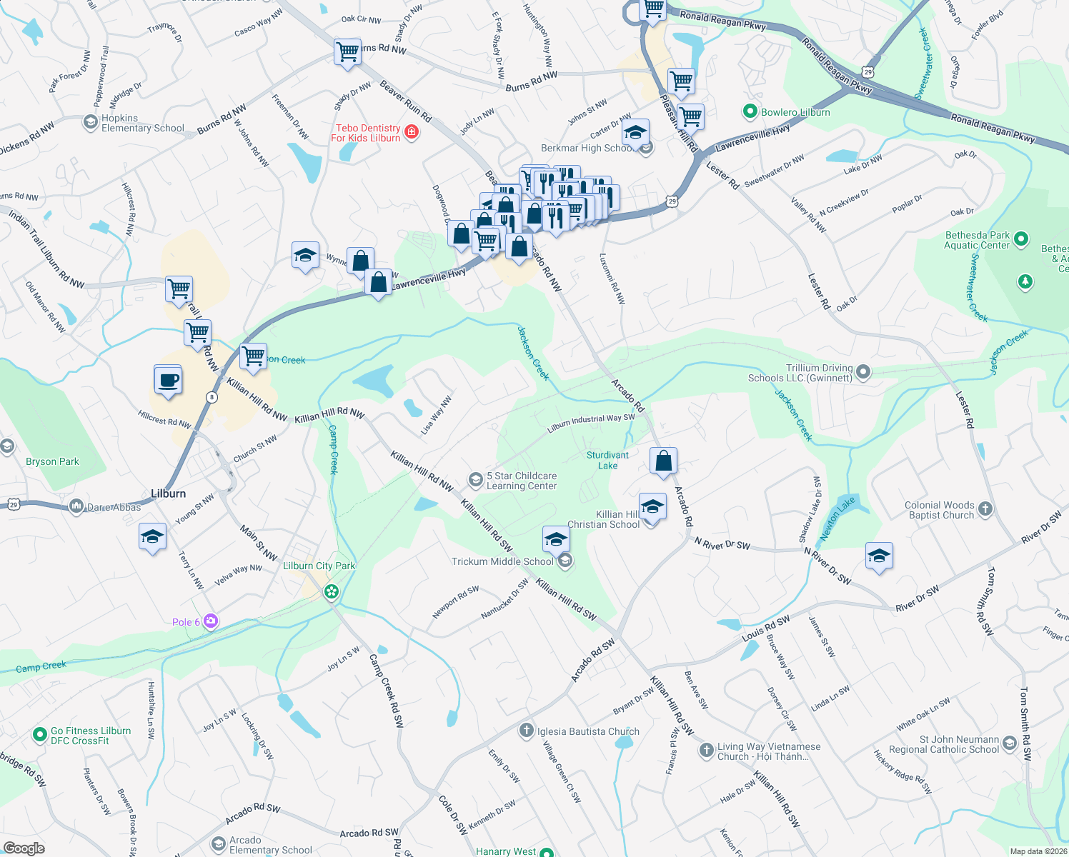 map of restaurants, bars, coffee shops, grocery stores, and more near 4373 Lilburn Industrial Way Southwest in Lilburn