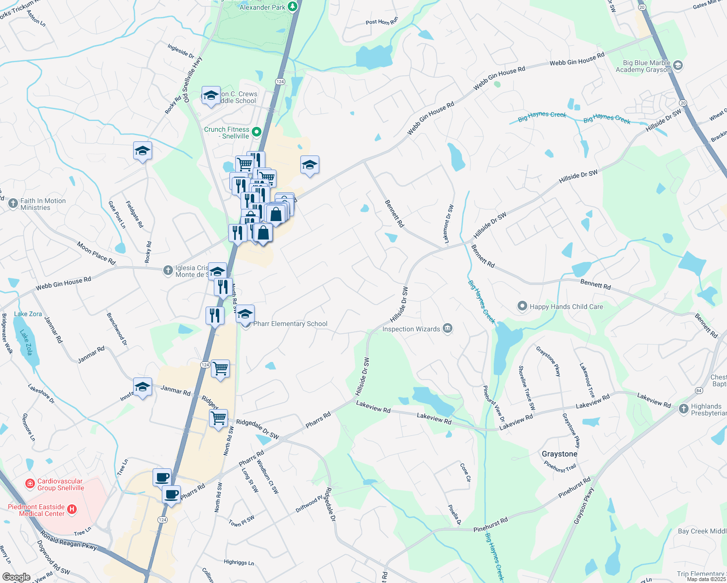 map of restaurants, bars, coffee shops, grocery stores, and more near 1414 Lynchburg Trce in Grayson