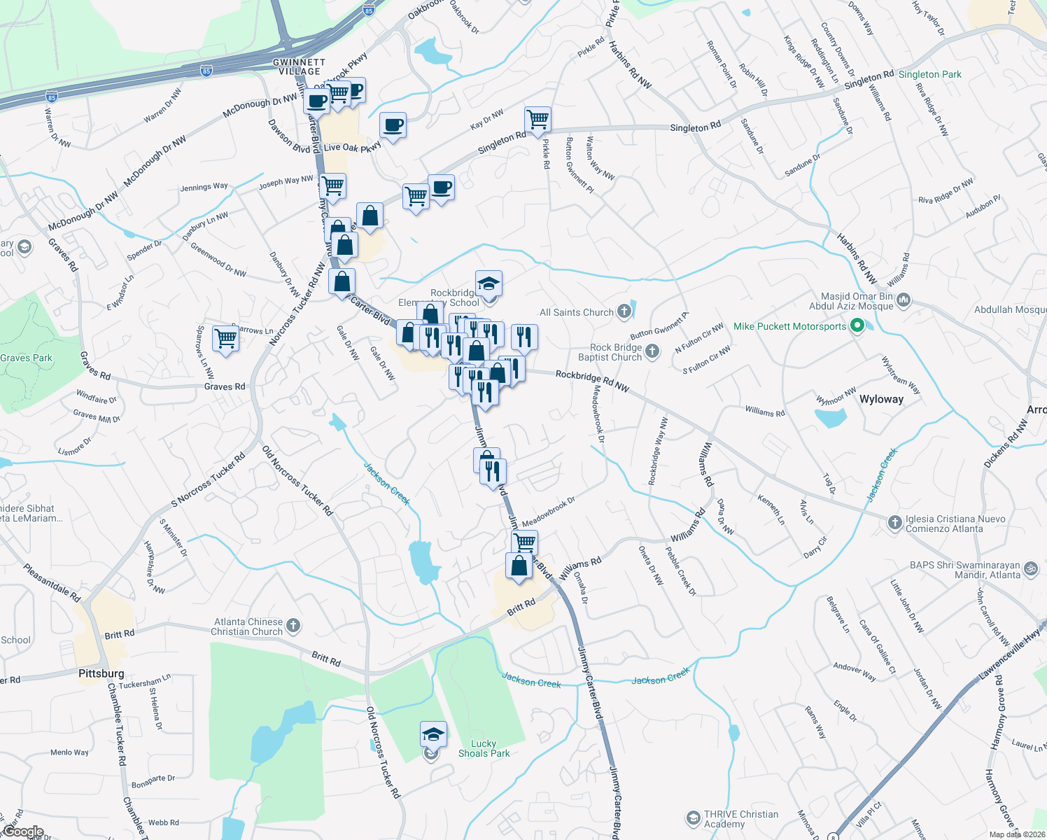 map of restaurants, bars, coffee shops, grocery stores, and more near 6095 Glacier Run in Norcross