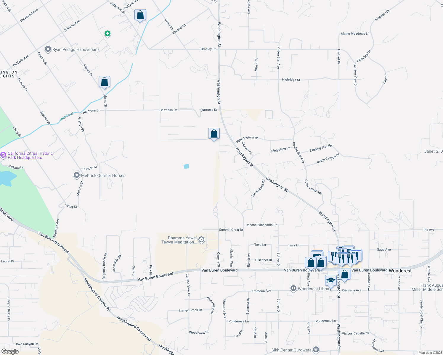 map of restaurants, bars, coffee shops, grocery stores, and more near 15555 Rancho Viejo Drive in Riverside