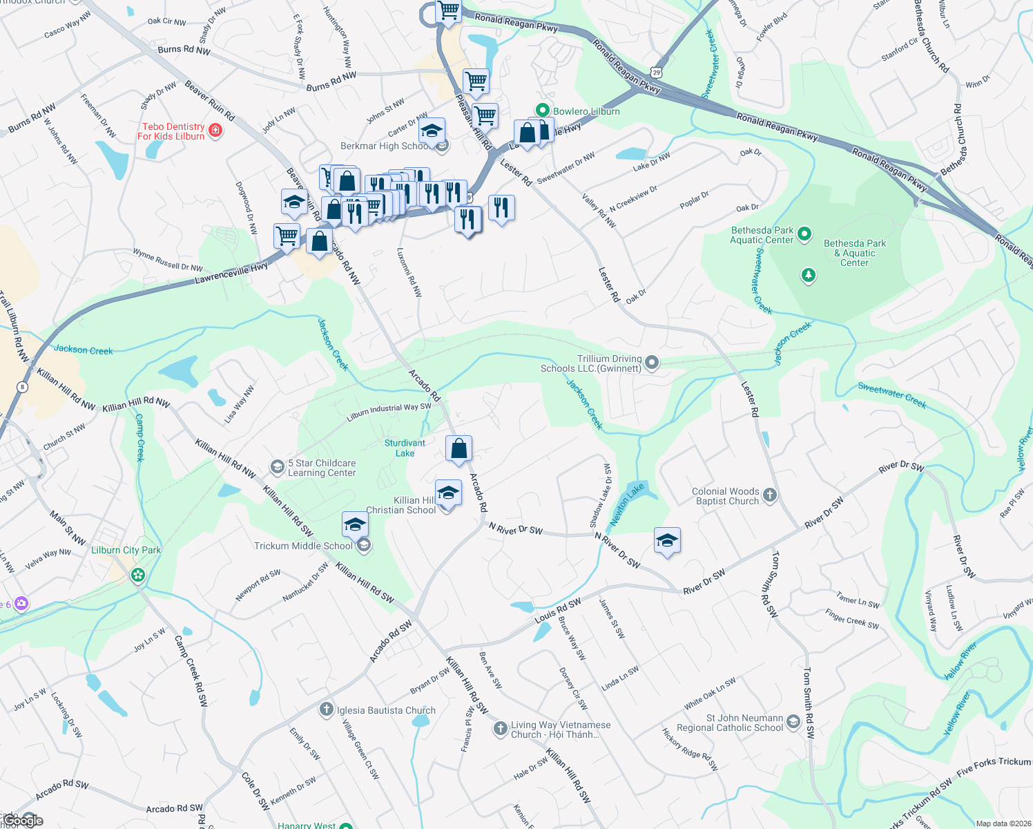 map of restaurants, bars, coffee shops, grocery stores, and more near 130 River Pointe Court Southwest in Lilburn