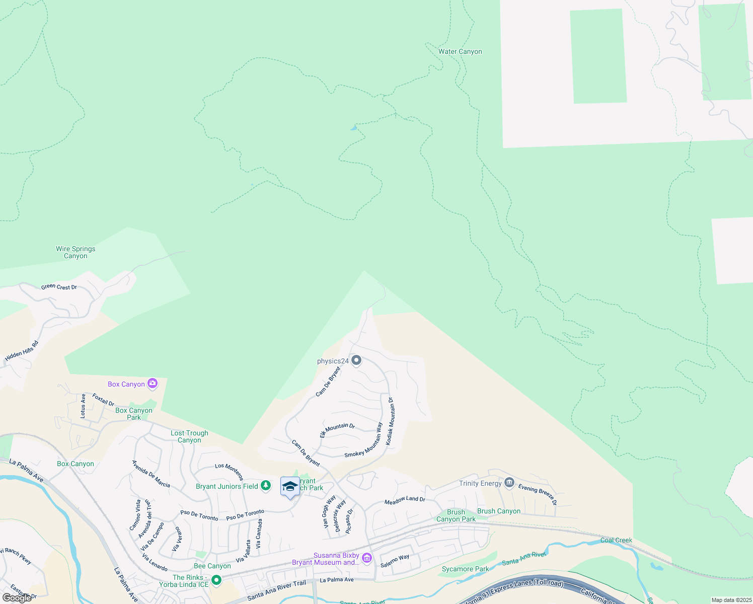 map of restaurants, bars, coffee shops, grocery stores, and more near Bobcat Ridge Trail in Yorba Linda