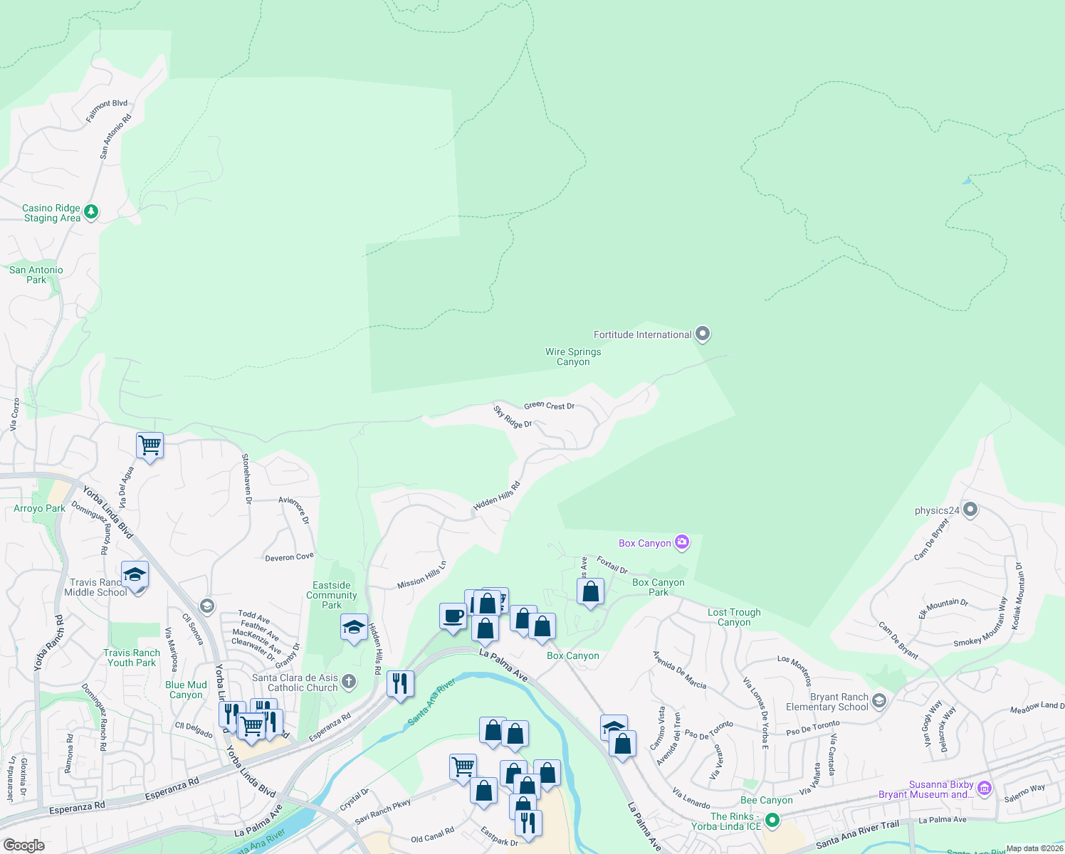 map of restaurants, bars, coffee shops, grocery stores, and more near 4845 Sky Ridge Drive in Yorba Linda