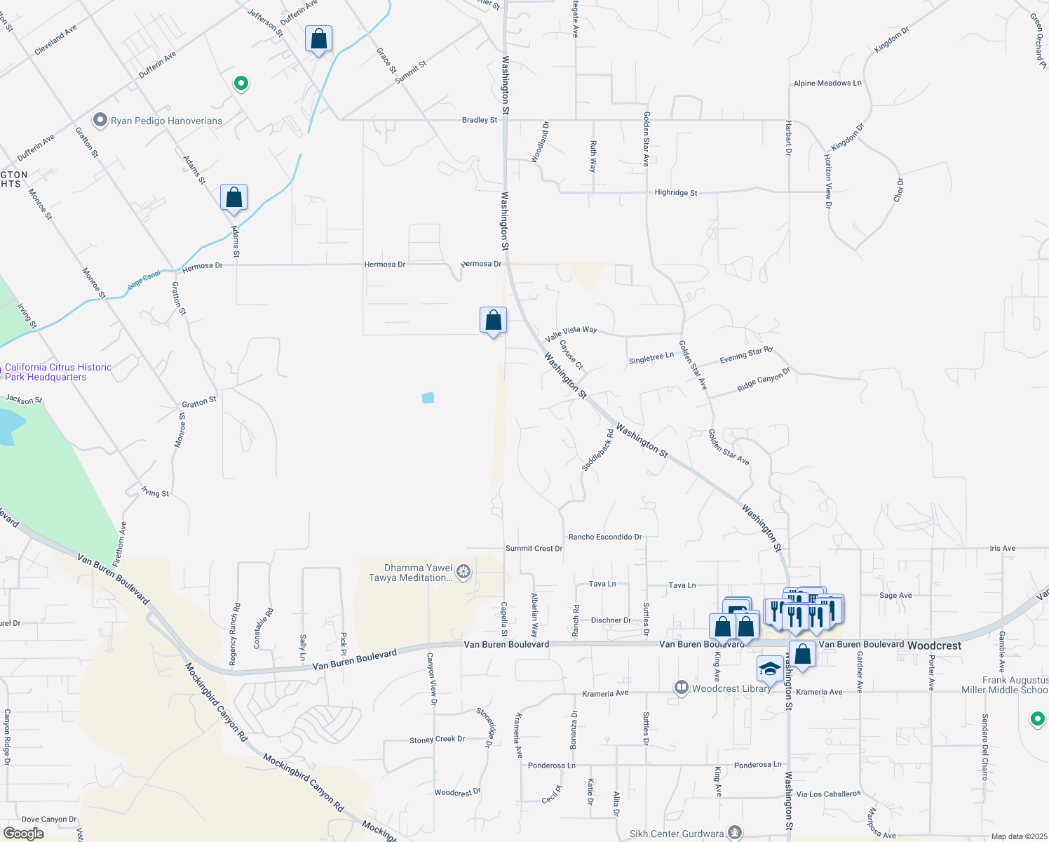 map of restaurants, bars, coffee shops, grocery stores, and more near 16066 Rancho Verde Circle in Riverside