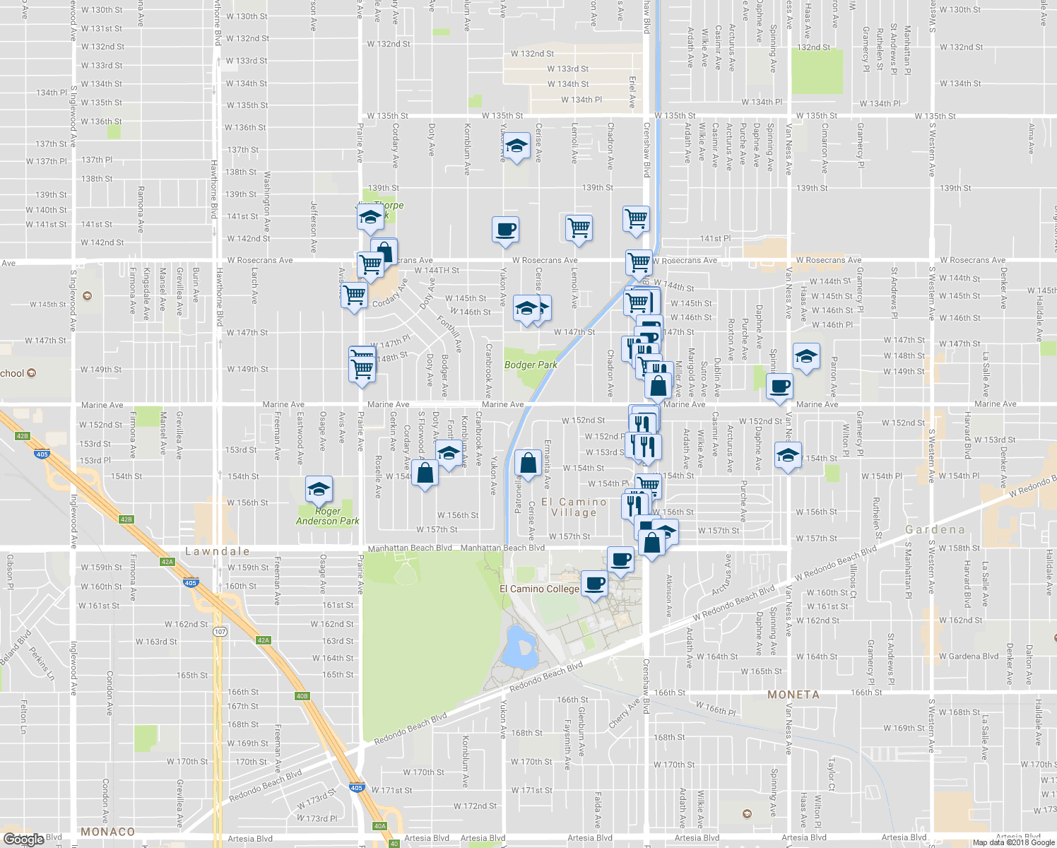 map of restaurants, bars, coffee shops, grocery stores, and more near 15205 Cerise Avenue in Gardena