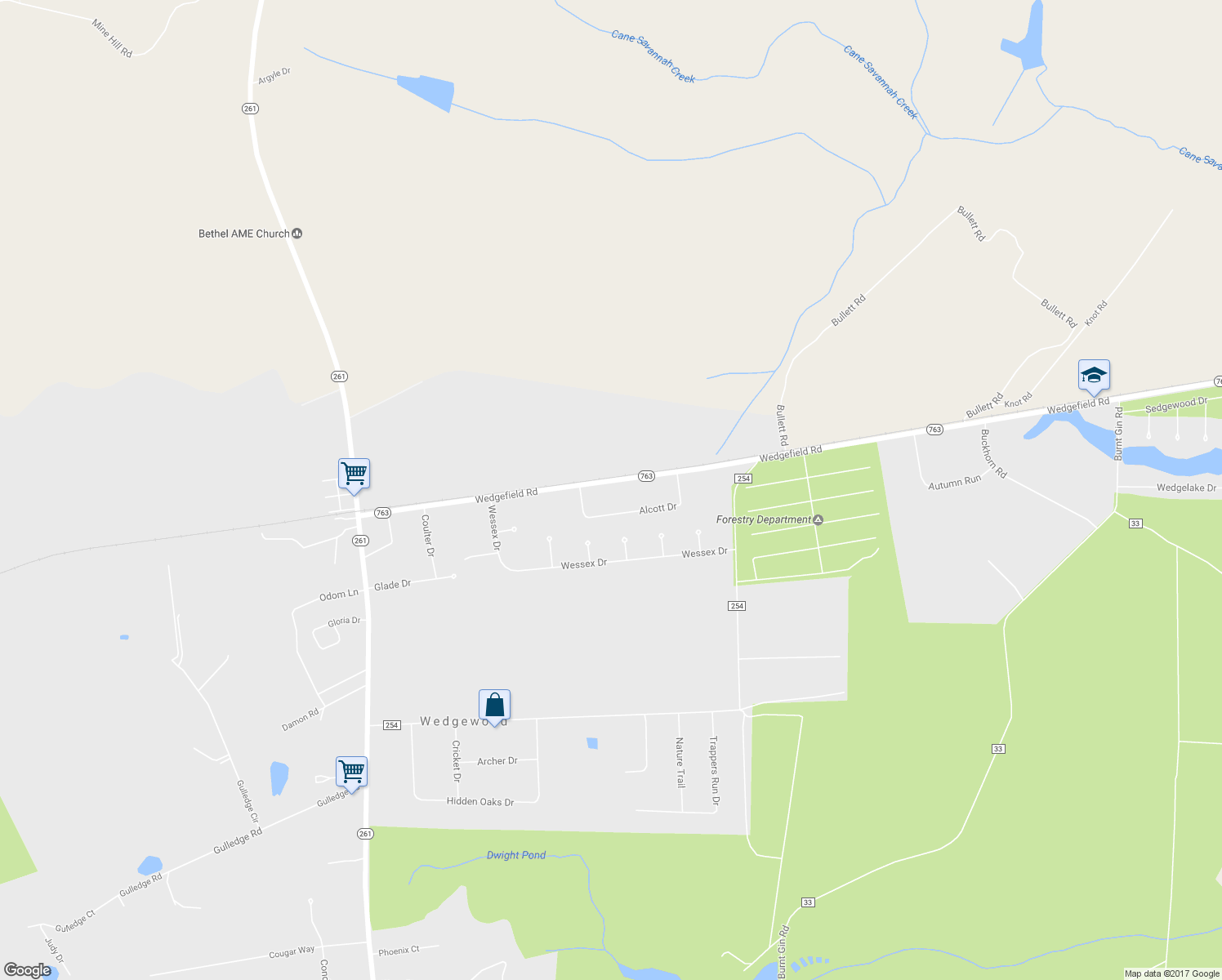 map of restaurants, bars, coffee shops, grocery stores, and more near 5840 Wedgefield Road in Wedgewood