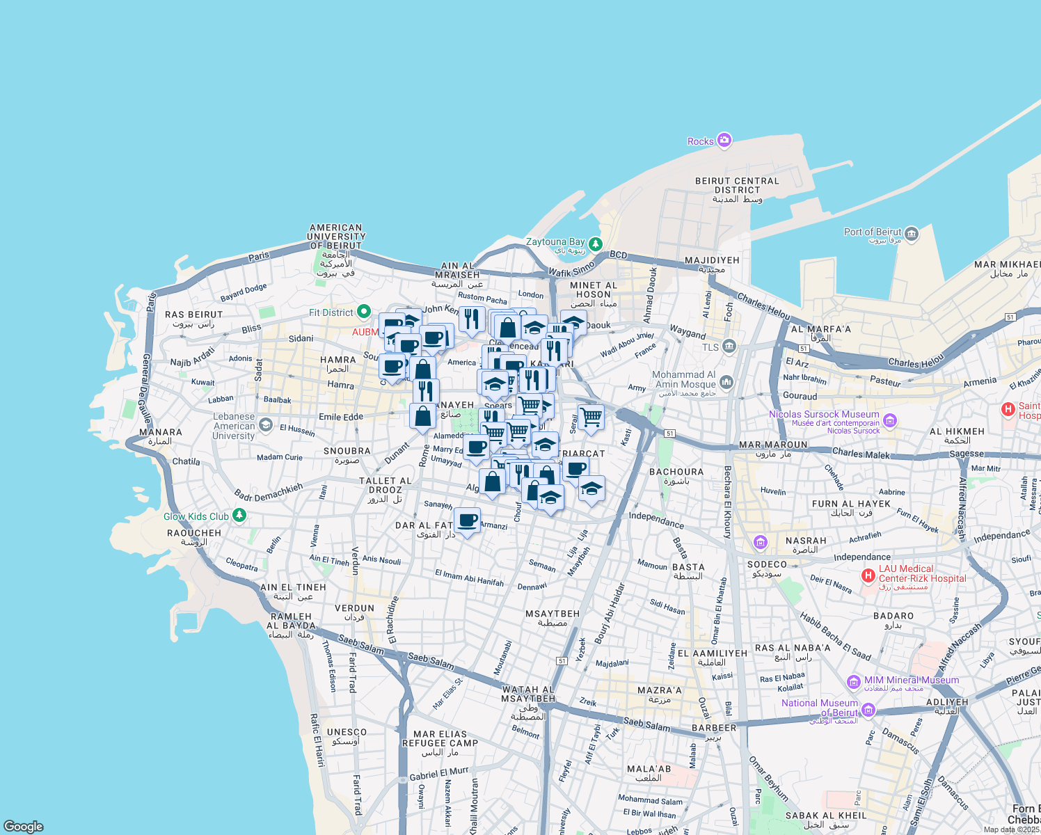 map of restaurants, bars, coffee shops, grocery stores, and more near Salim Boustani in Beirut