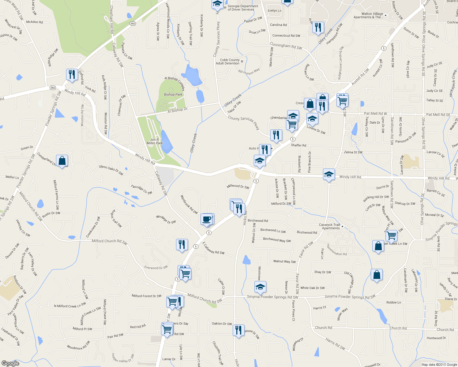 map of restaurants, bars, coffee shops, grocery stores, and more near 924 Millwood Dr SW in Marietta