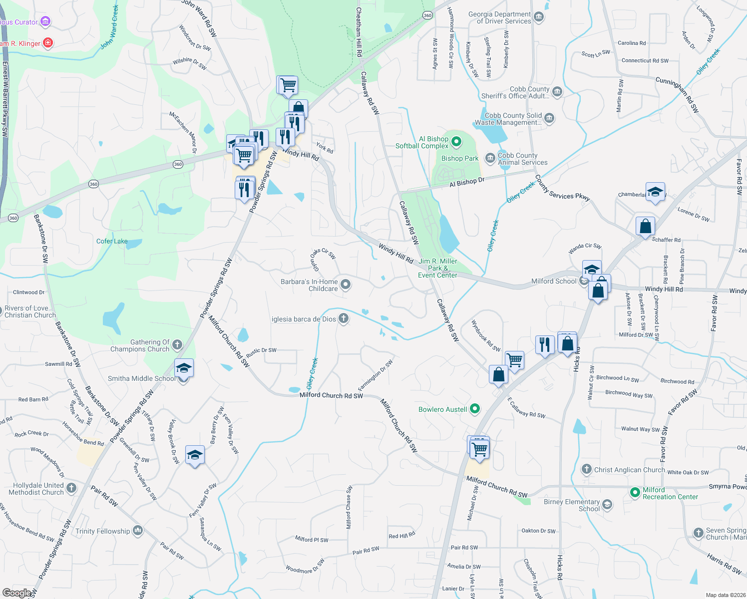 map of restaurants, bars, coffee shops, grocery stores, and more near 2405 Betsy Court Southwest in Marietta