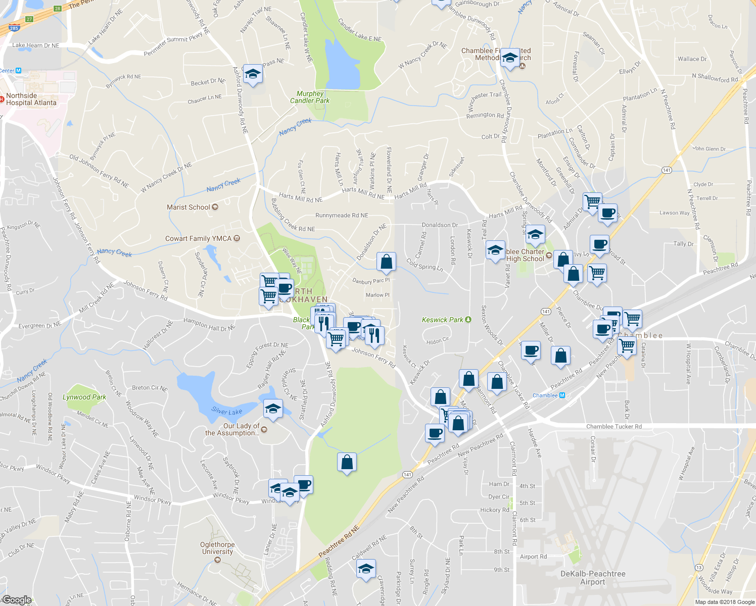 map of restaurants, bars, coffee shops, grocery stores, and more near 3642 Gambrell Lane in Atlanta