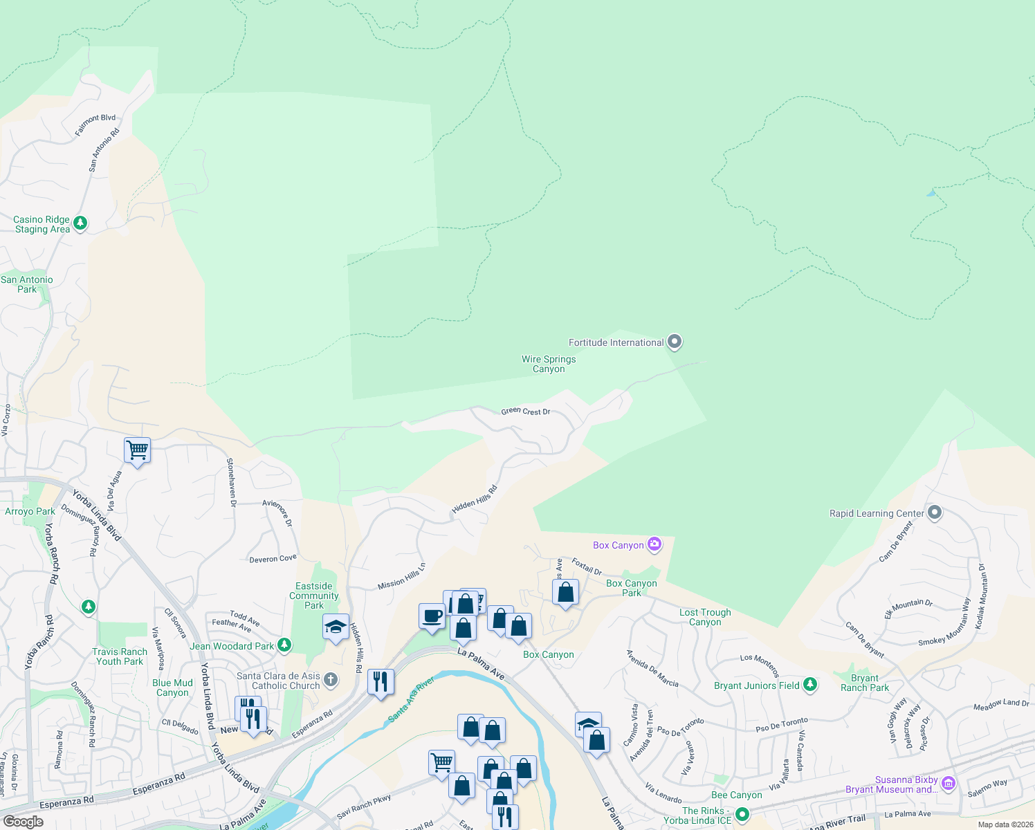 map of restaurants, bars, coffee shops, grocery stores, and more near 4855 Green Crest Drive in Yorba Linda
