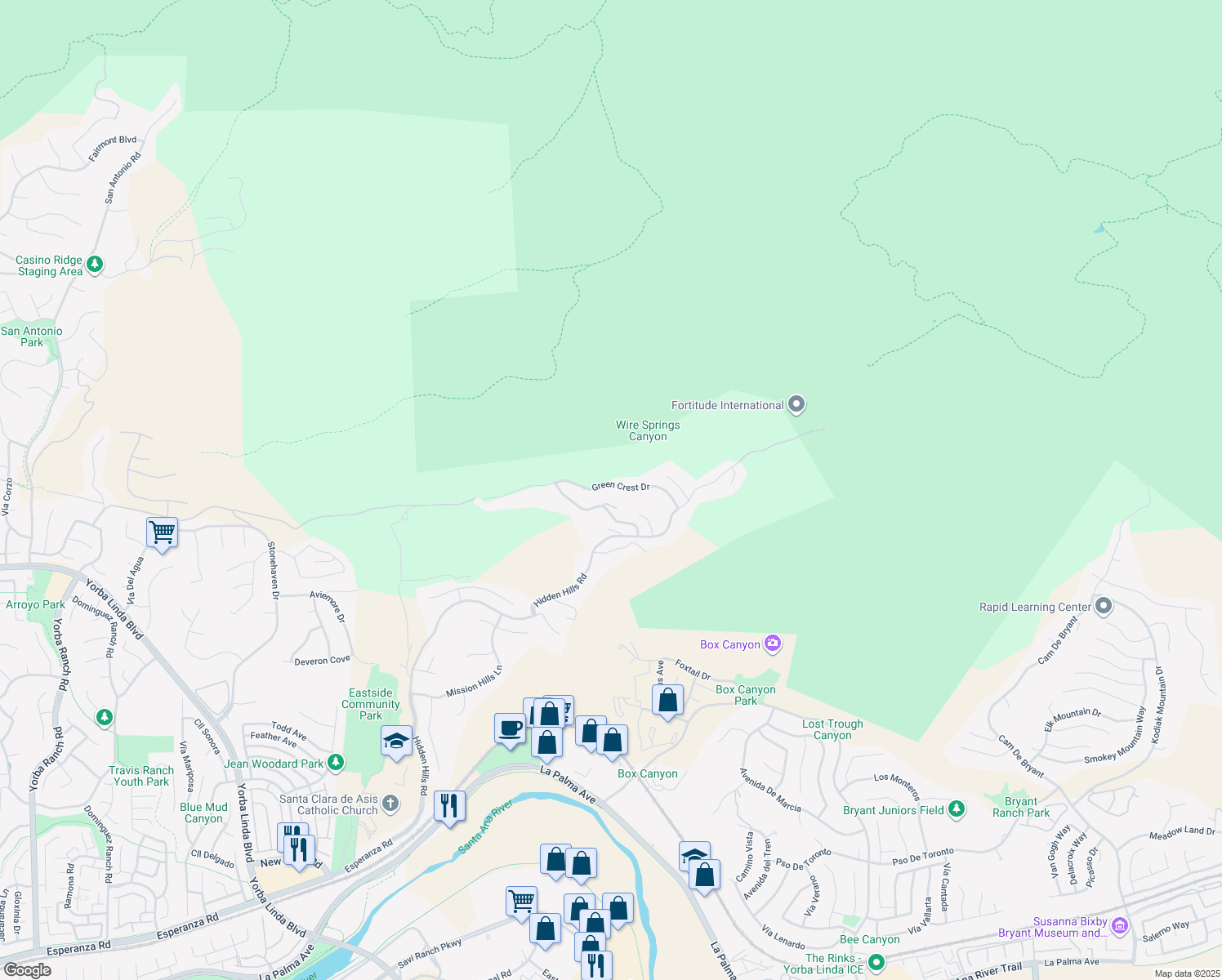 map of restaurants, bars, coffee shops, grocery stores, and more near 4855 Green Crest Drive in Yorba Linda