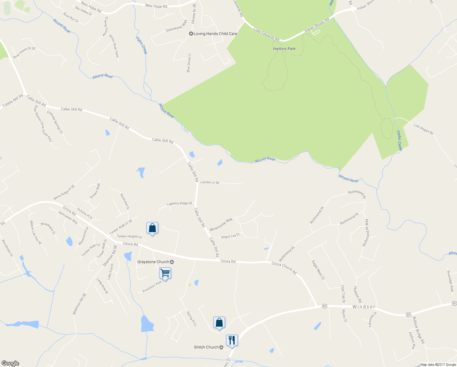 map of restaurants, bars, coffee shops, grocery stores, and more near 1632 Laricks Lane Southeast in Lawrenceville