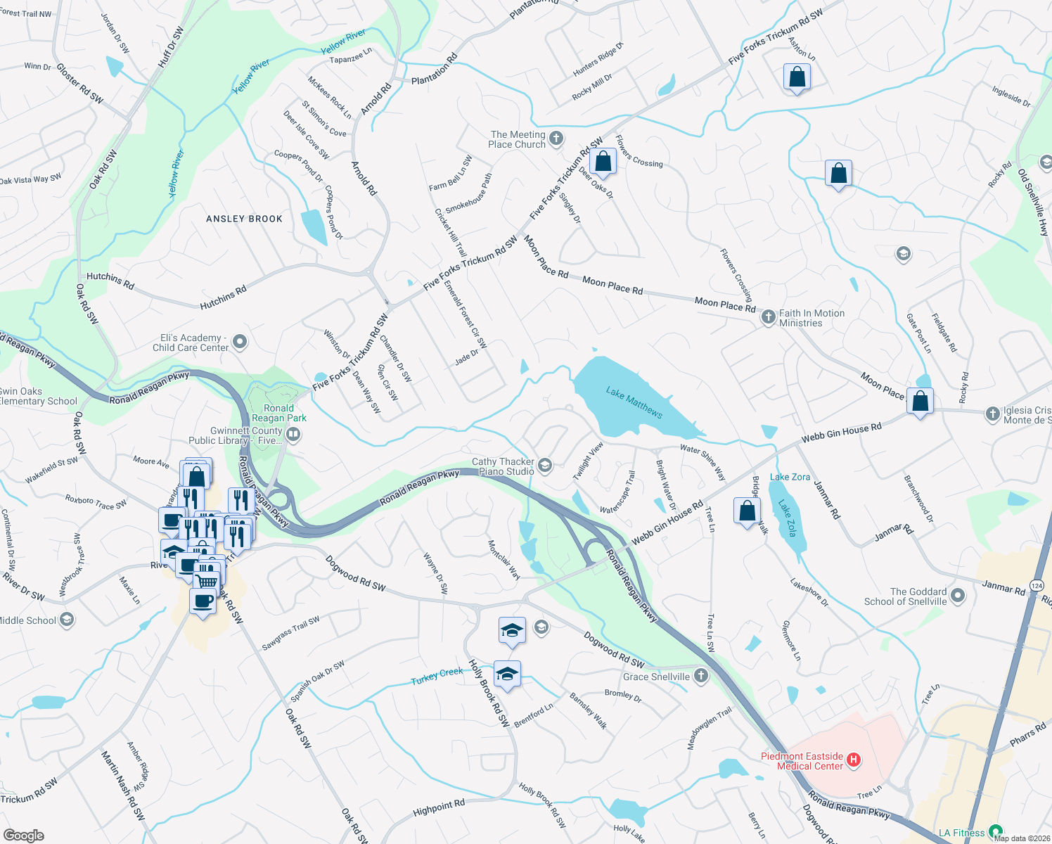 map of restaurants, bars, coffee shops, grocery stores, and more near 1170 Water Shine Way in Snellville