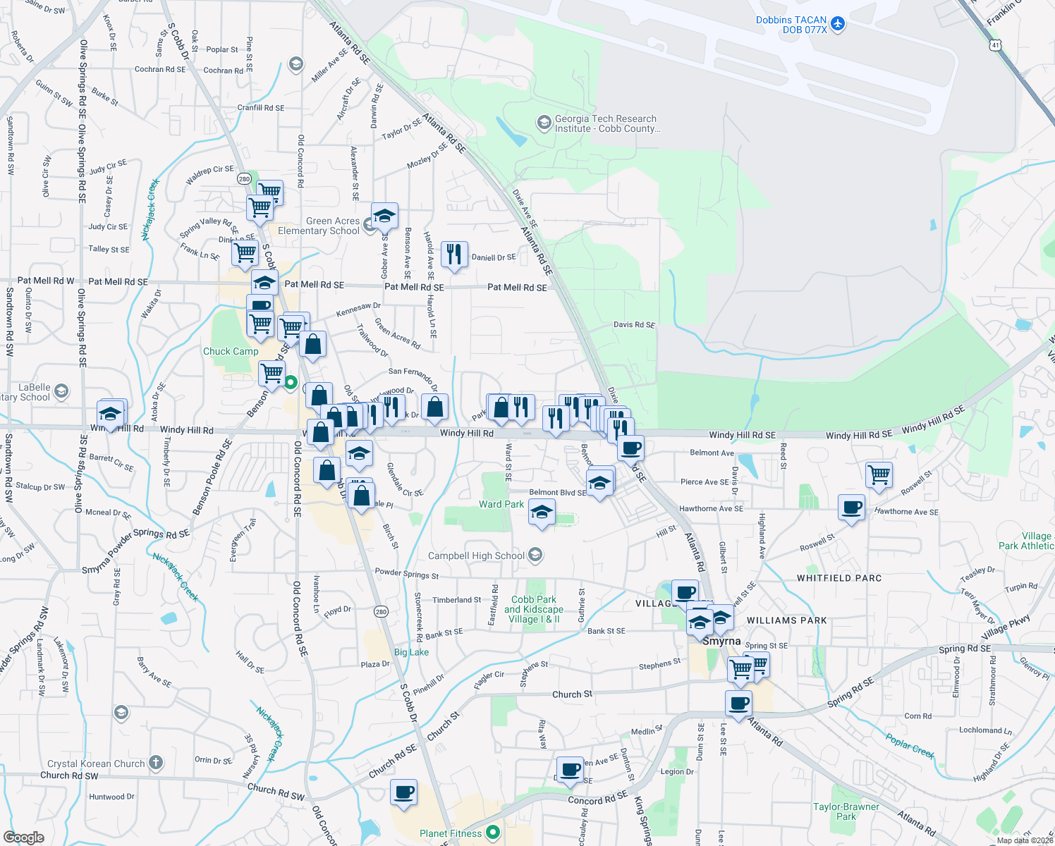 map of restaurants, bars, coffee shops, grocery stores, and more near 930 Cherokee Trail Southeast in Smyrna