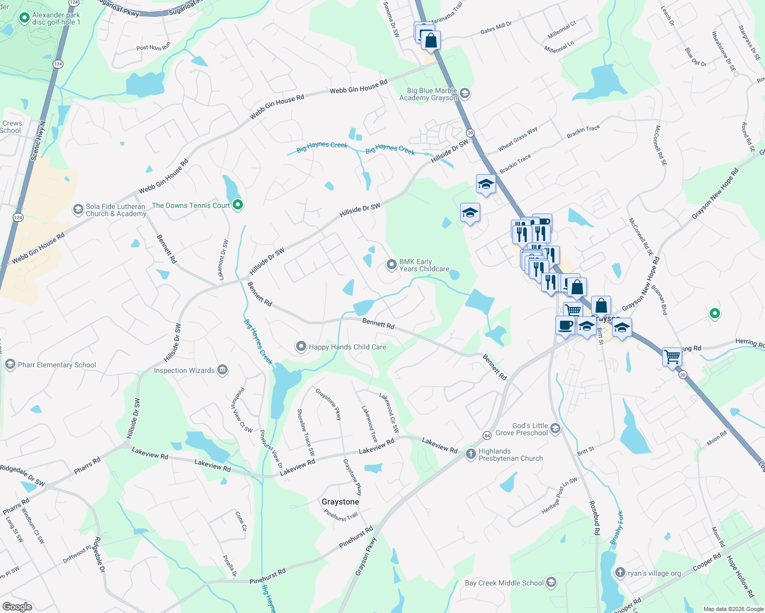 map of restaurants, bars, coffee shops, grocery stores, and more near 887 Mount McKinley Way in Grayson