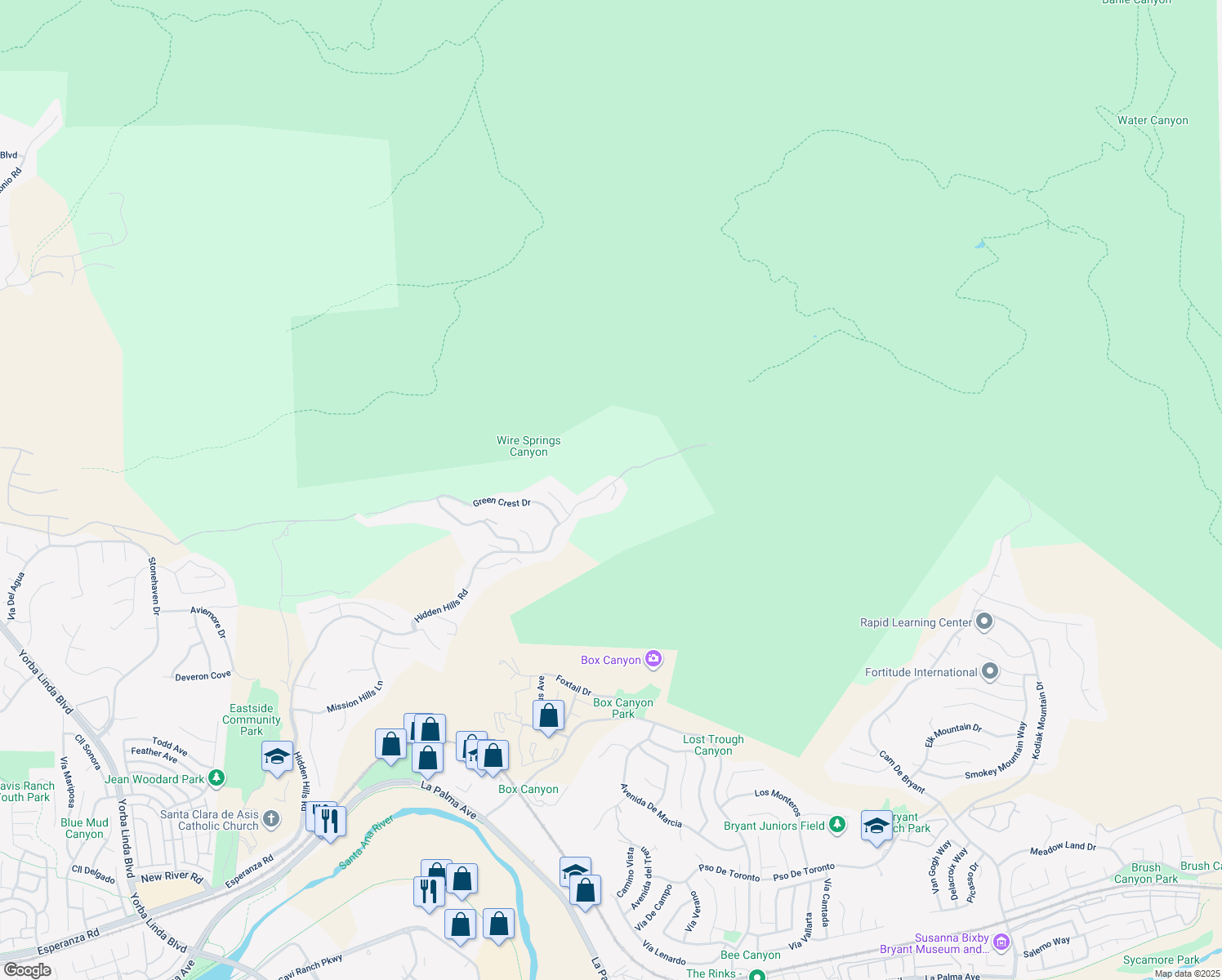 map of restaurants, bars, coffee shops, grocery stores, and more near 4985 Hidden Glen Lane in Yorba Linda