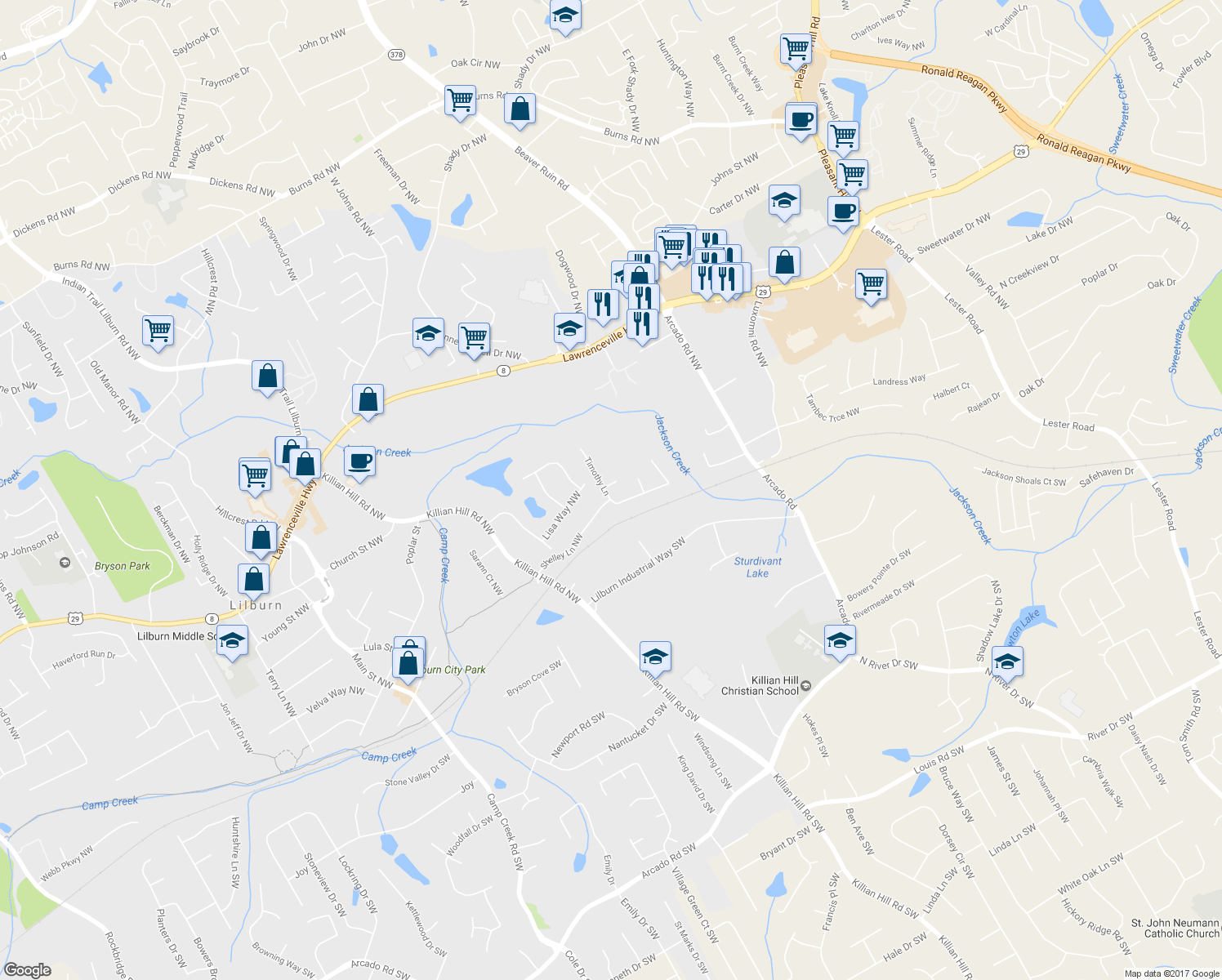 map of restaurants, bars, coffee shops, grocery stores, and more near 207 Timothy Ln NW in Lilburn