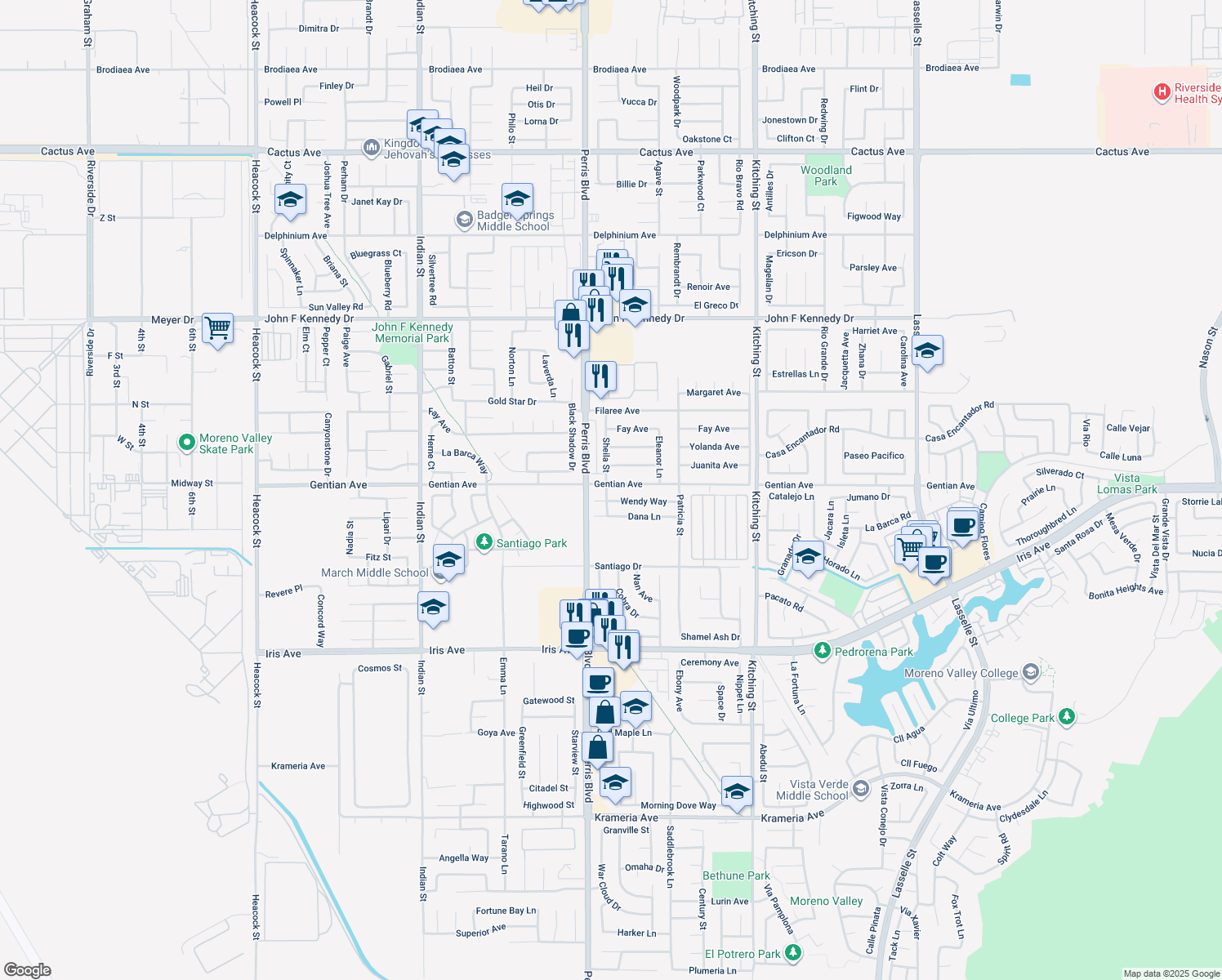 map of restaurants, bars, coffee shops, grocery stores, and more near 25071 Gentian Ave in Moreno Valley