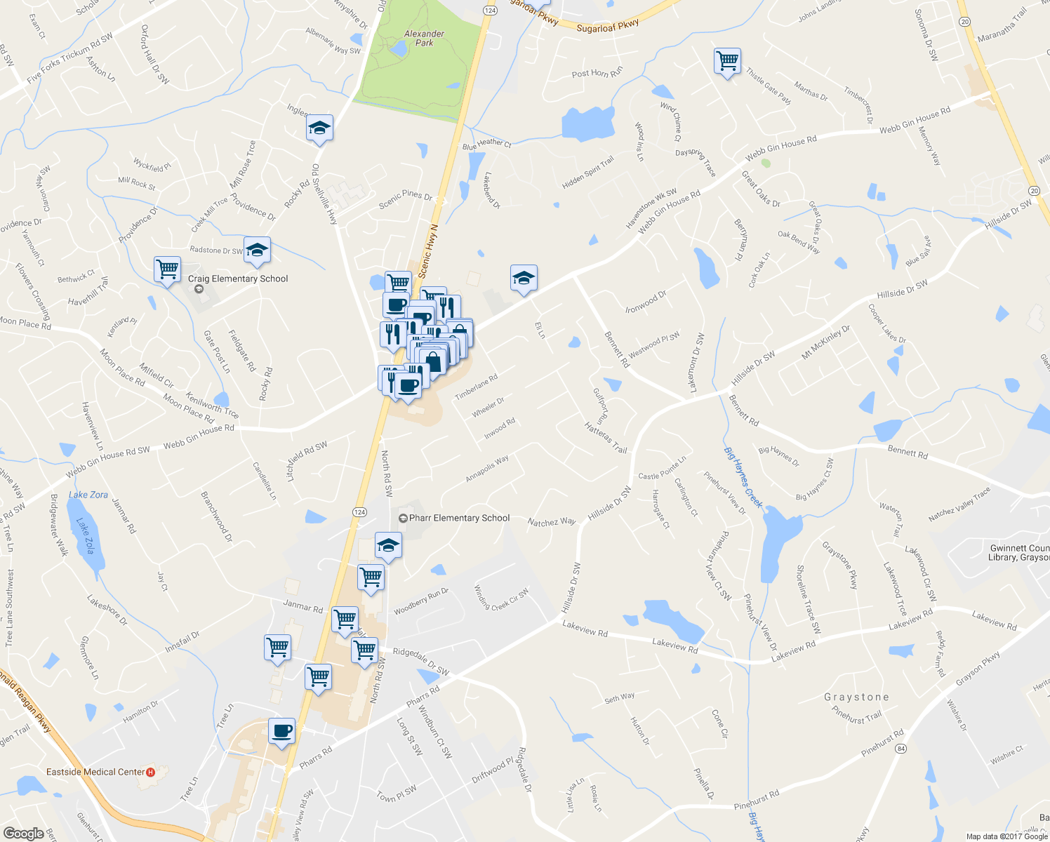 map of restaurants, bars, coffee shops, grocery stores, and more near 1409 Inwood Road in Lawrenceville