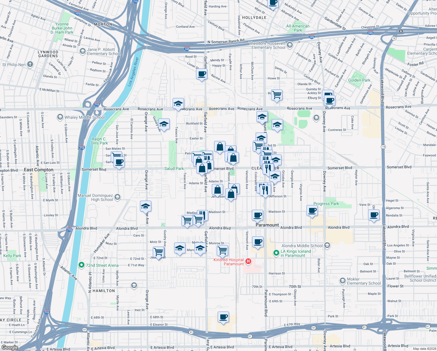 map of restaurants, bars, coffee shops, grocery stores, and more near 15129 Minnesota Avenue in Paramount