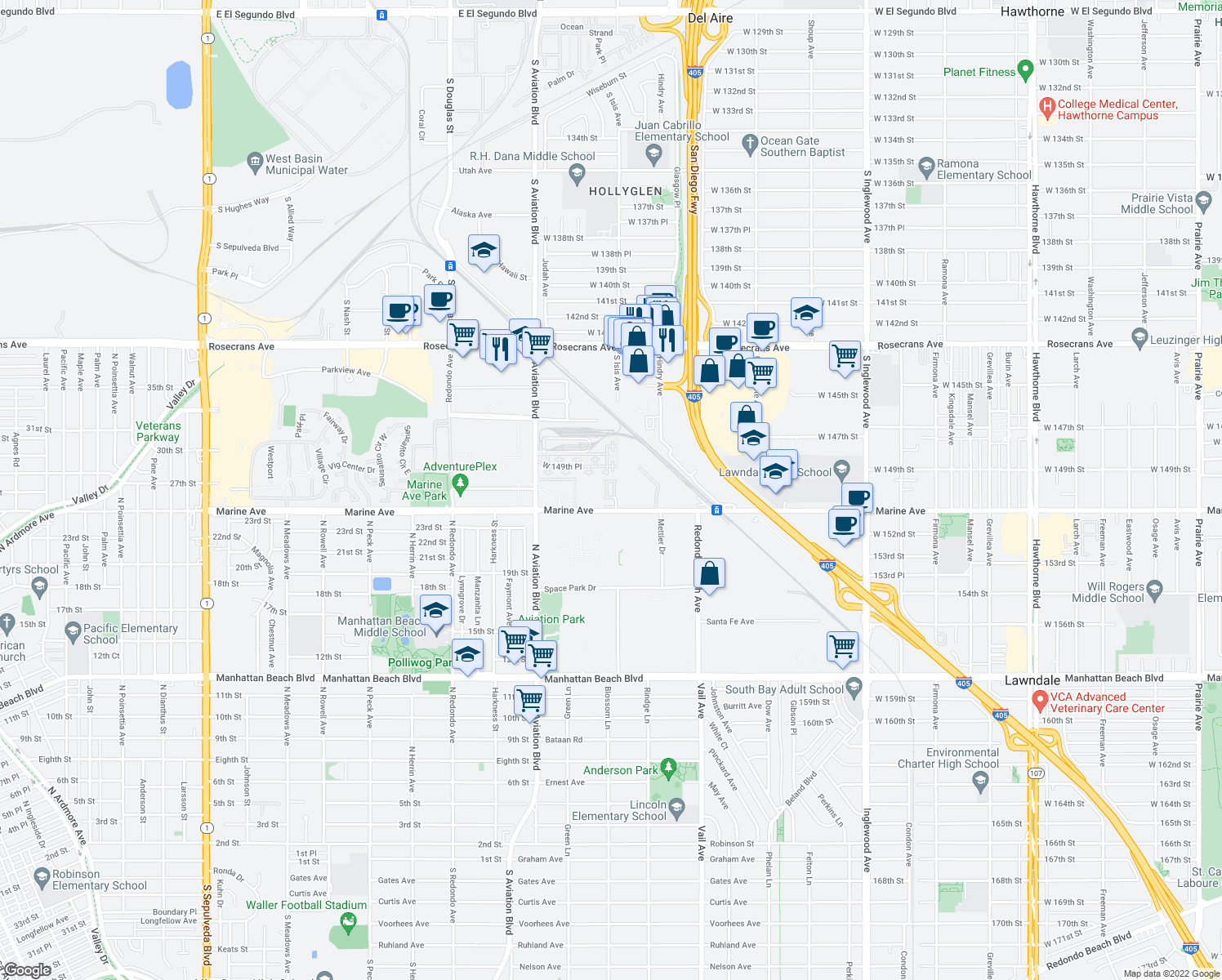 map of restaurants, bars, coffee shops, grocery stores, and more near 5485 Marine Avenue in Lawndale