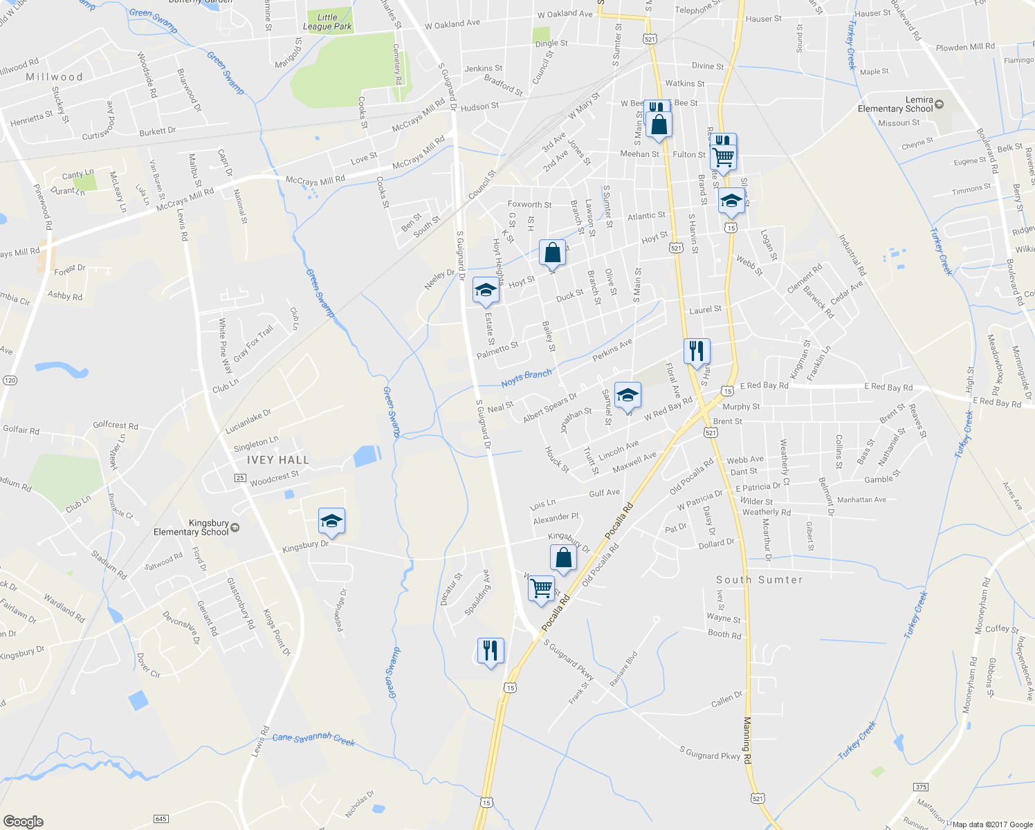 map of restaurants, bars, coffee shops, grocery stores, and more near 125 Albert Spears Drive in Sumter