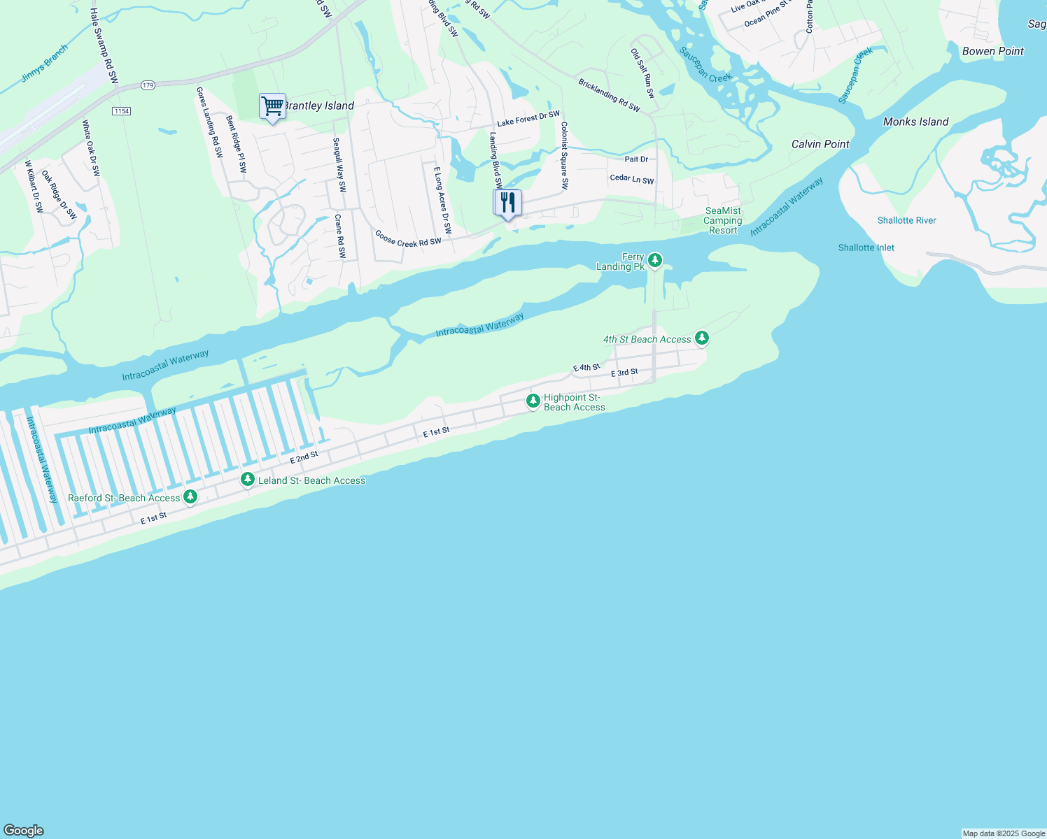 map of restaurants, bars, coffee shops, grocery stores, and more near 414 East 1st Street in Ocean Isle Beach
