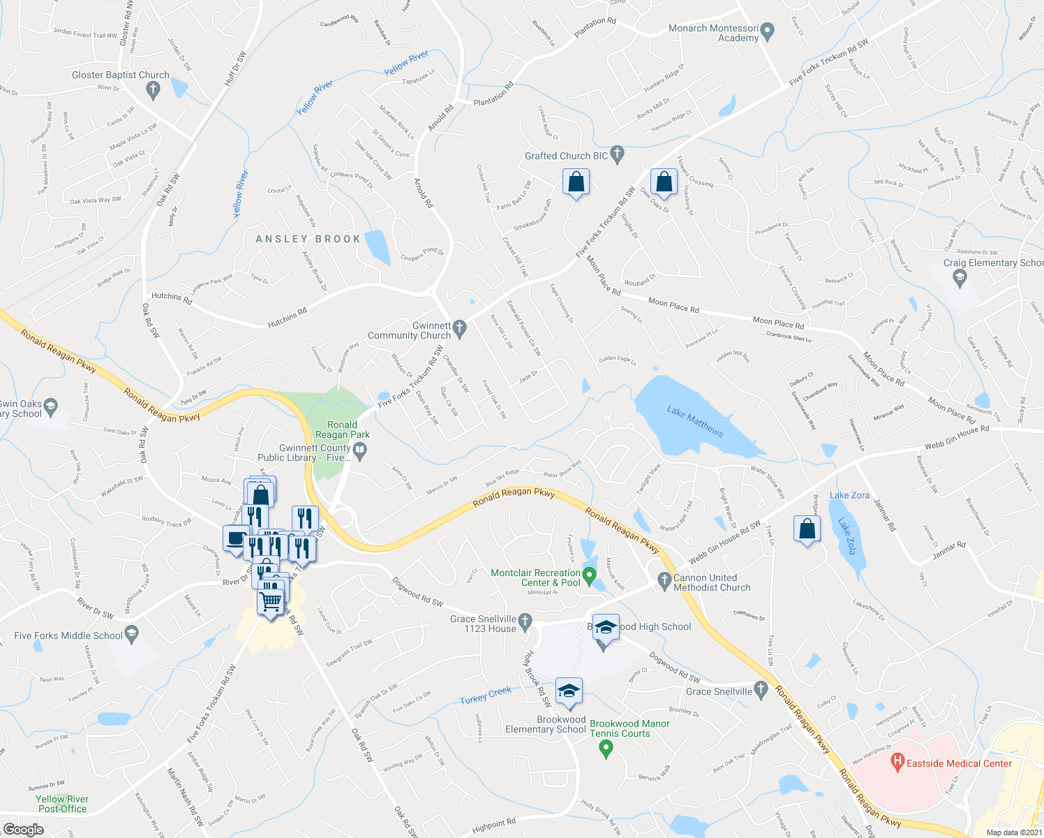 map of restaurants, bars, coffee shops, grocery stores, and more near 760 Emerald Forest Circle Southwest in Lawrenceville