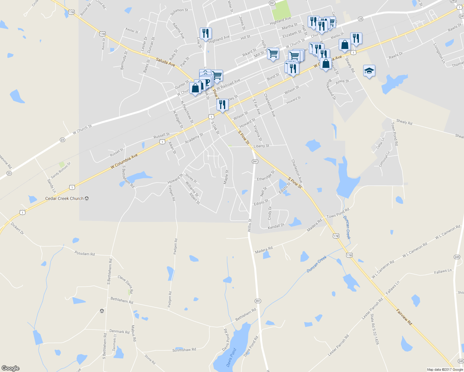 map of restaurants, bars, coffee shops, grocery stores, and more near 283 South Oak Street in Batesburg-Leesville