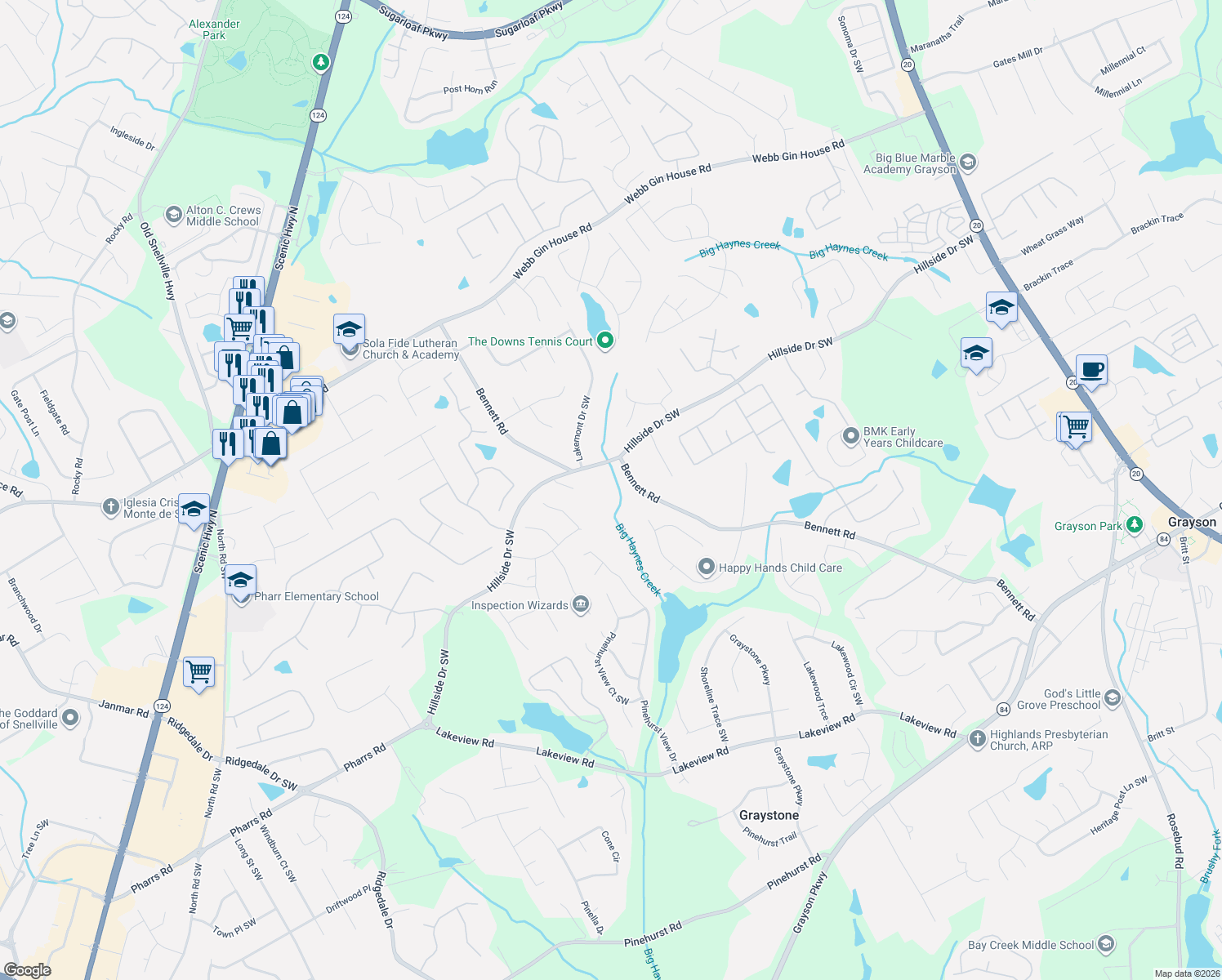 map of restaurants, bars, coffee shops, grocery stores, and more near 1651 Bennett Road in Grayson