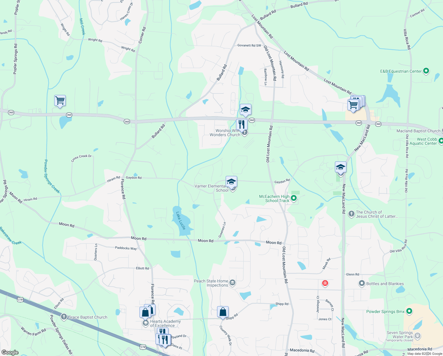 map of restaurants, bars, coffee shops, grocery stores, and more near 2345 Magaw Lane in Powder Springs