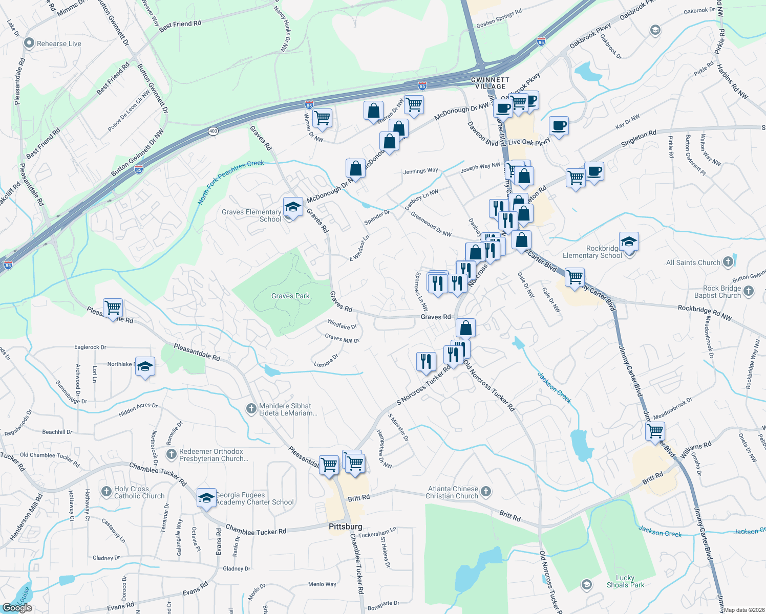 map of restaurants, bars, coffee shops, grocery stores, and more near 1701 Tree House Parkway in Norcross